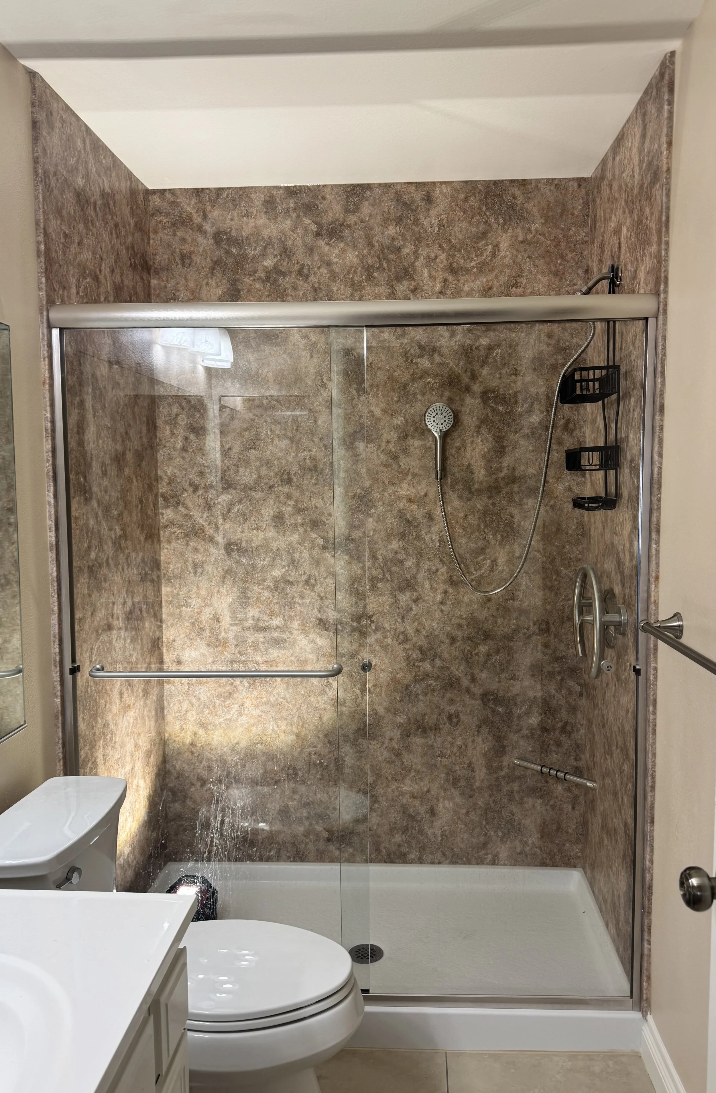 This Leisure Village homeowner needed a bathroom remodel to remove a tub and replace it with low curb shower. The entire process took just three days. Thousand Oaks One Day Bath, One Day Bath New Me, Bathroom Remodel