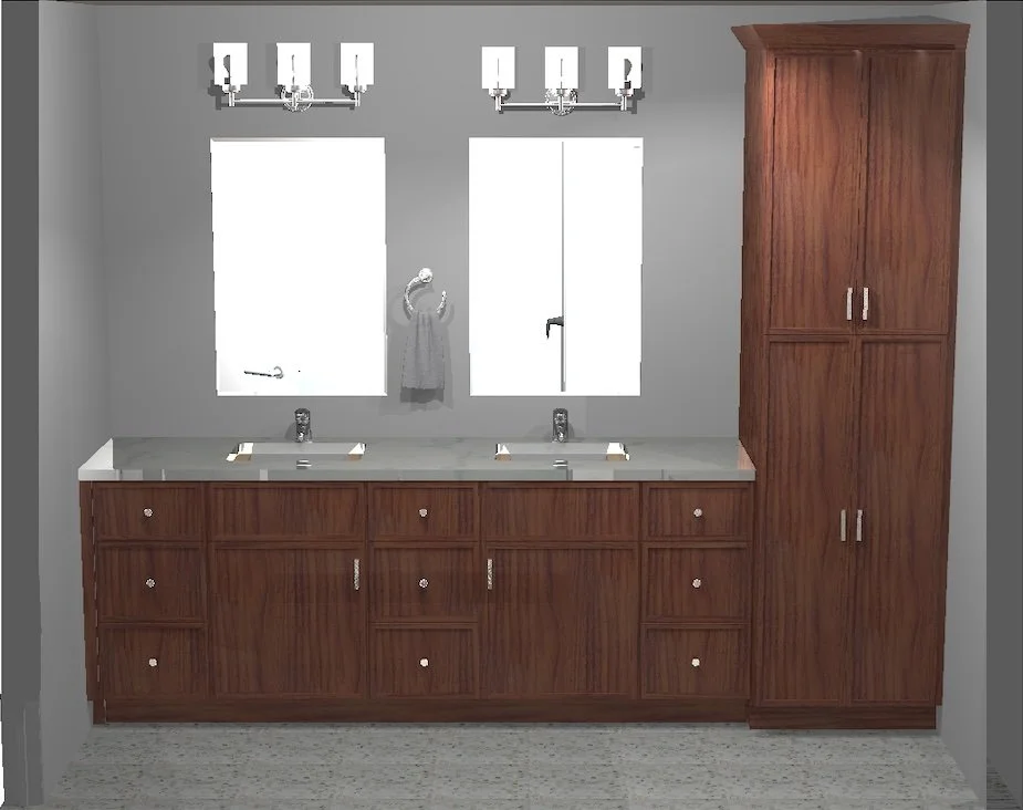 This Thousand Oaks master bath remodel will include new custom cabinetry as presented in this rendering which was created for the client to aid in the selection process