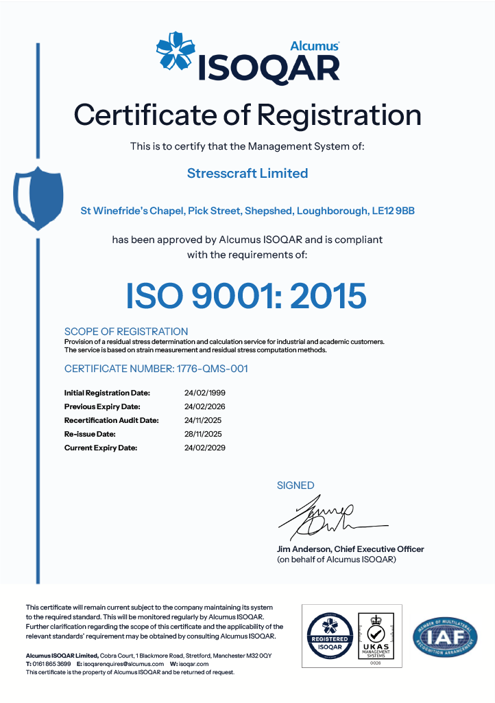 ISO 9001:2015 Certificate of Registration issued to Stresscraft Limited by Alcumus ISOQAR, signed by Jim Anderson. Contains company address and certification details.
