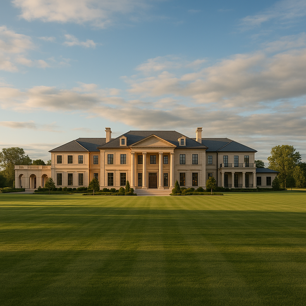 Large mansion with columns, multiple windows, and a landscaped lawn, under a partly cloudy sky. Nicole Angel, Real Estate Services, Pennsylvania, New Jersey, Psychic Medium