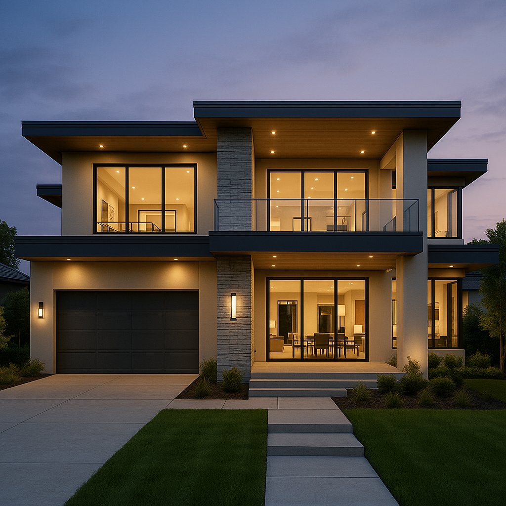 Modern two-story house with large glass windows, well-lit interior, balcony, and a garage at dusk. Nicole Angel, Real Estate Services, Pennsylvania, New Jersey, Psychic Medium