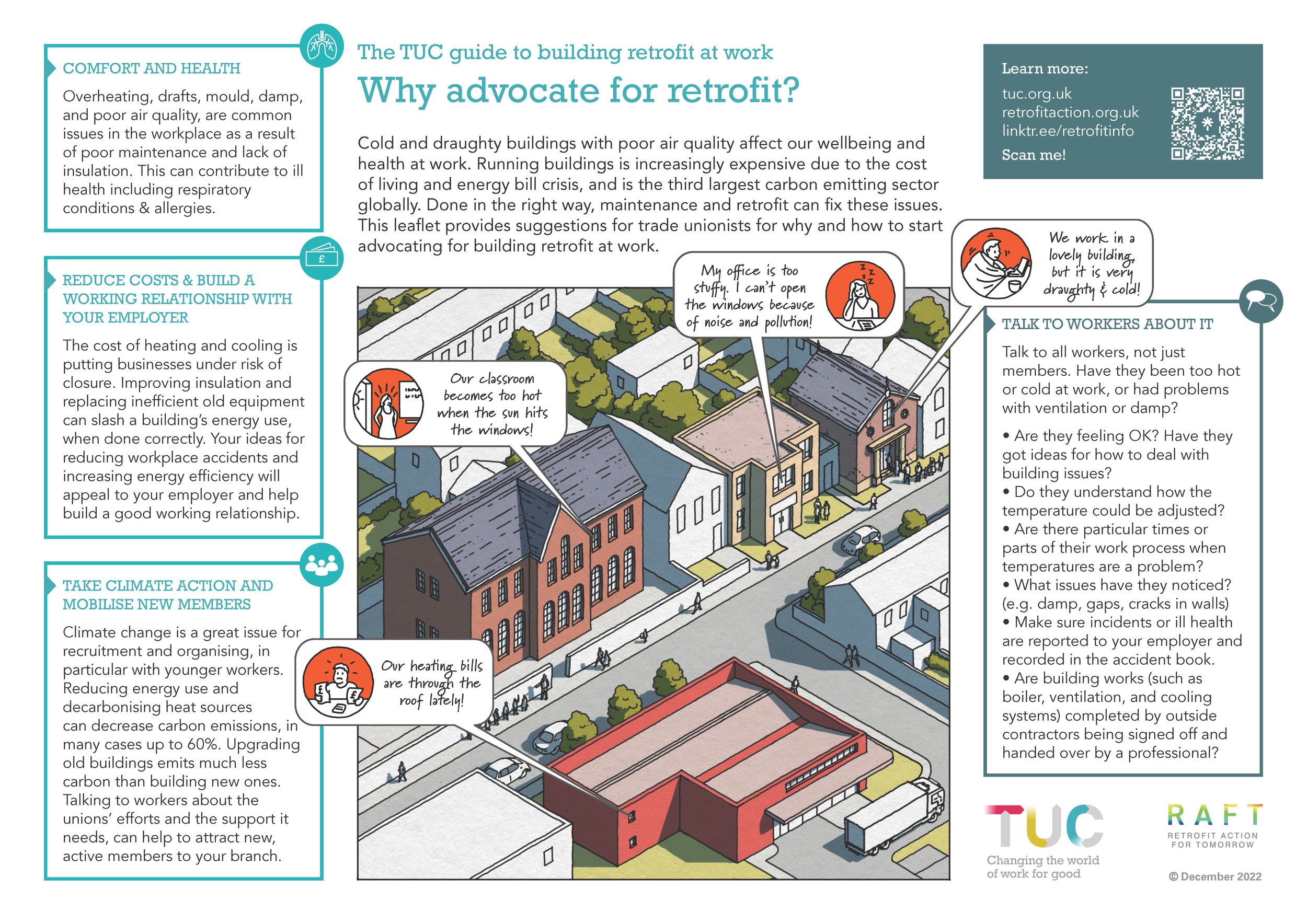 A landscape-oriented document with a central illustration surrounded by blue boxes discussing “why advocate for retrofit?”. The central illustration features a sunny neighborhood in a line drawn style, with speech bubbles coming from the buildings.