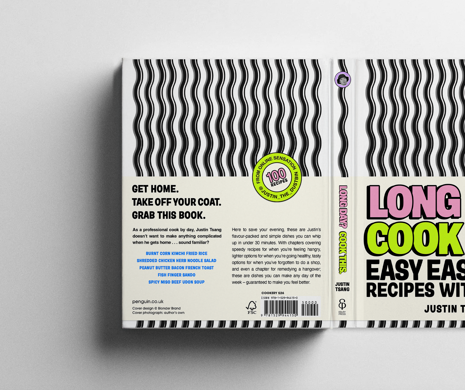 Book cover titled 'Long Day Cook' with black and white wavy pattern background, pink and green text.