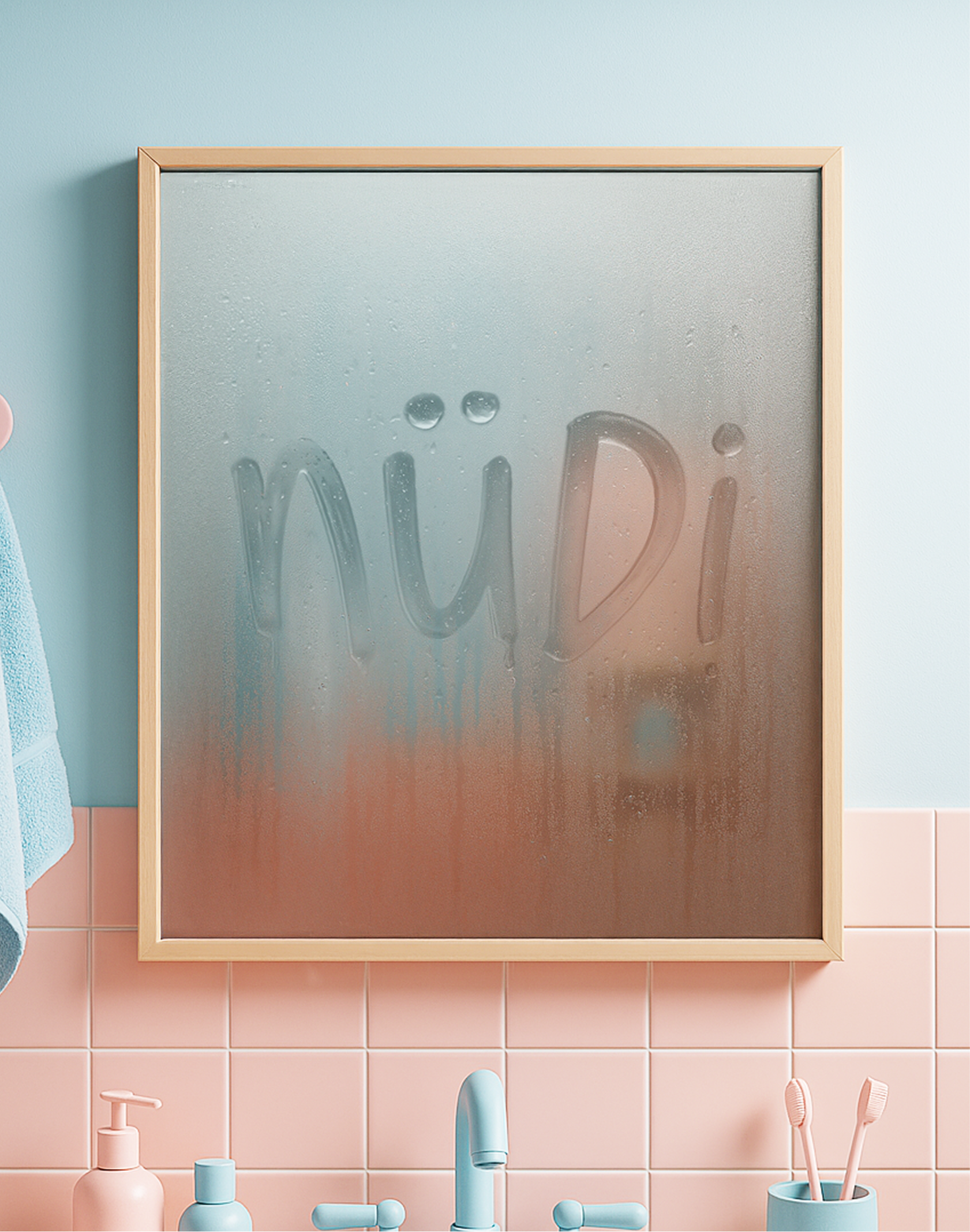 Bathroom mirror with the word 'Wash' written in the condensation surface, with pink tiled wall and bathroom accessories below.