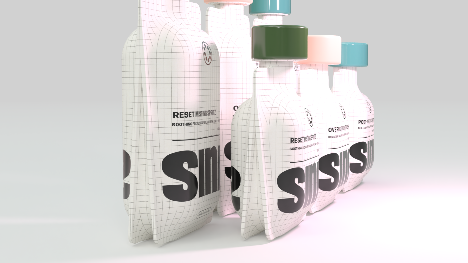 A set of skincare bottles with white packaging and black text, labeled SINSIS, arranged on a plain white background.