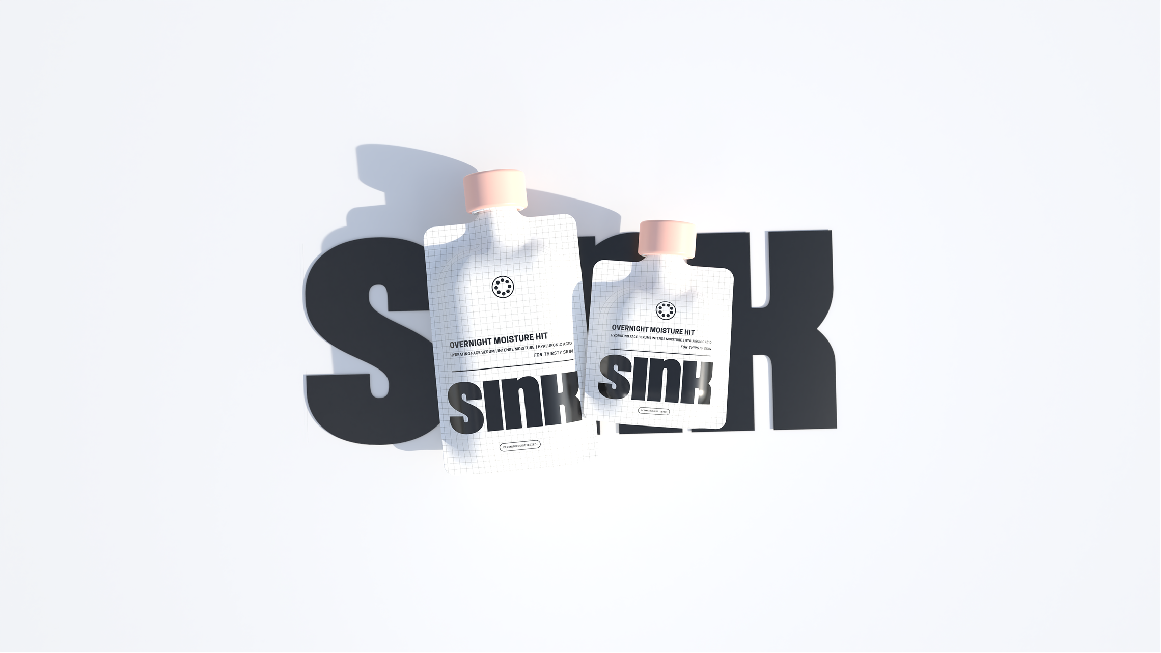 Two bottles of skincare product labeled 'Overnight Moisture Hit' with large black letters spelling 'SKIN' behind them on a white background.
