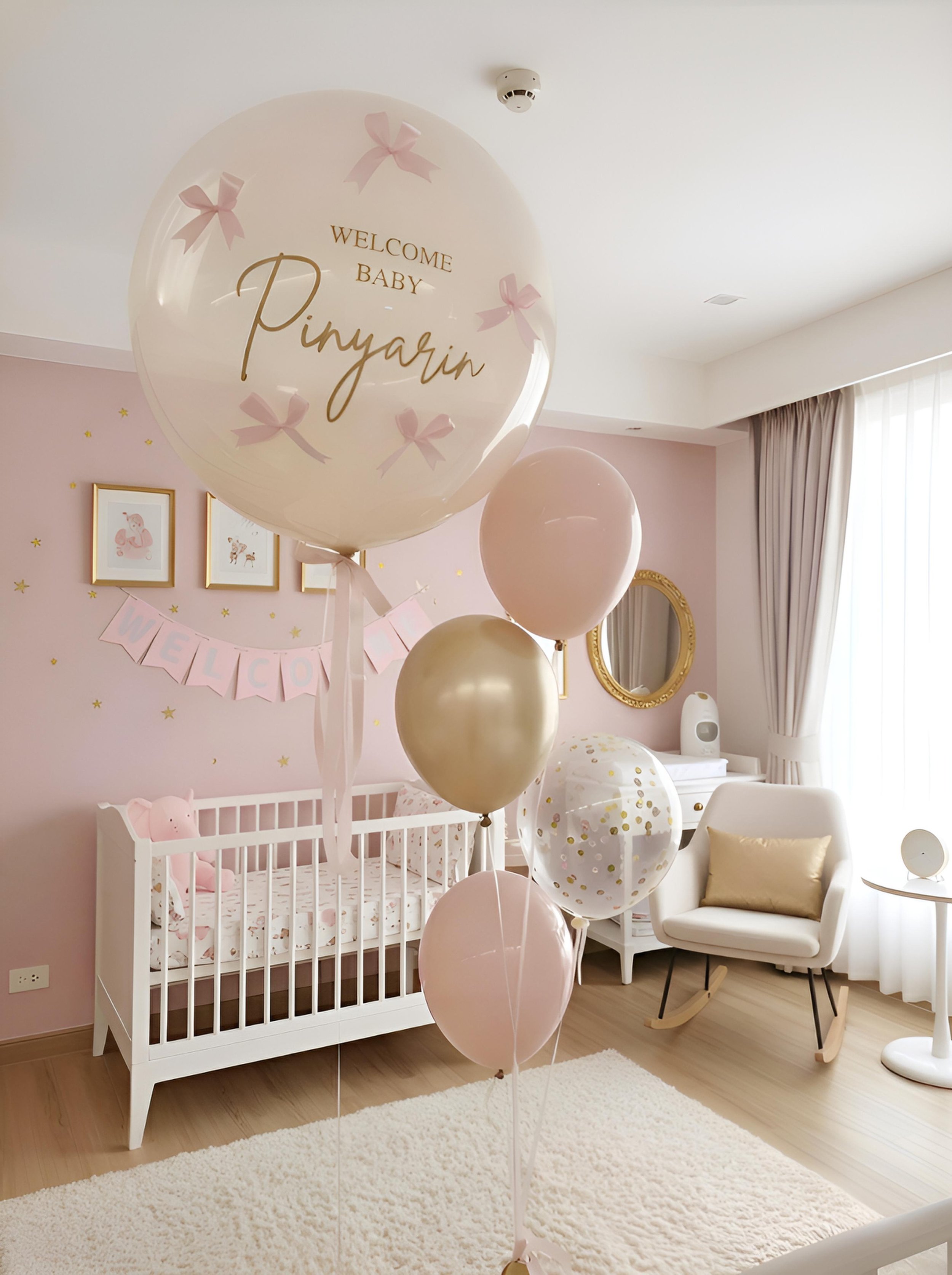 Decorated nursery with balloons, a white crib, a rocking chair, and soft pink and cream accents.