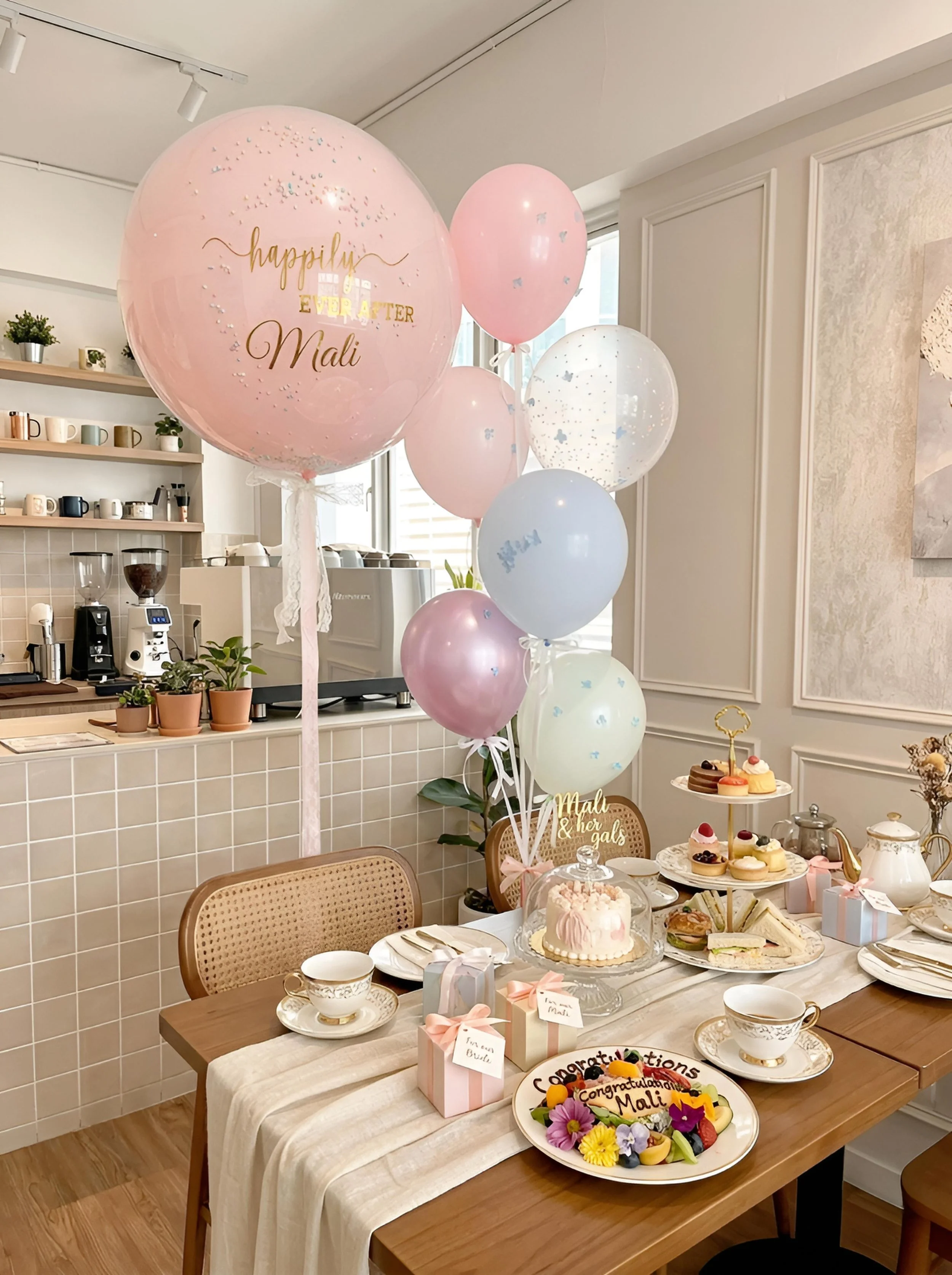 Decorative table set for celebration with pastel-colored balloons, cakes, presents, and floral arrangements in a cozy, modern room with white walls and a tiled serving area.