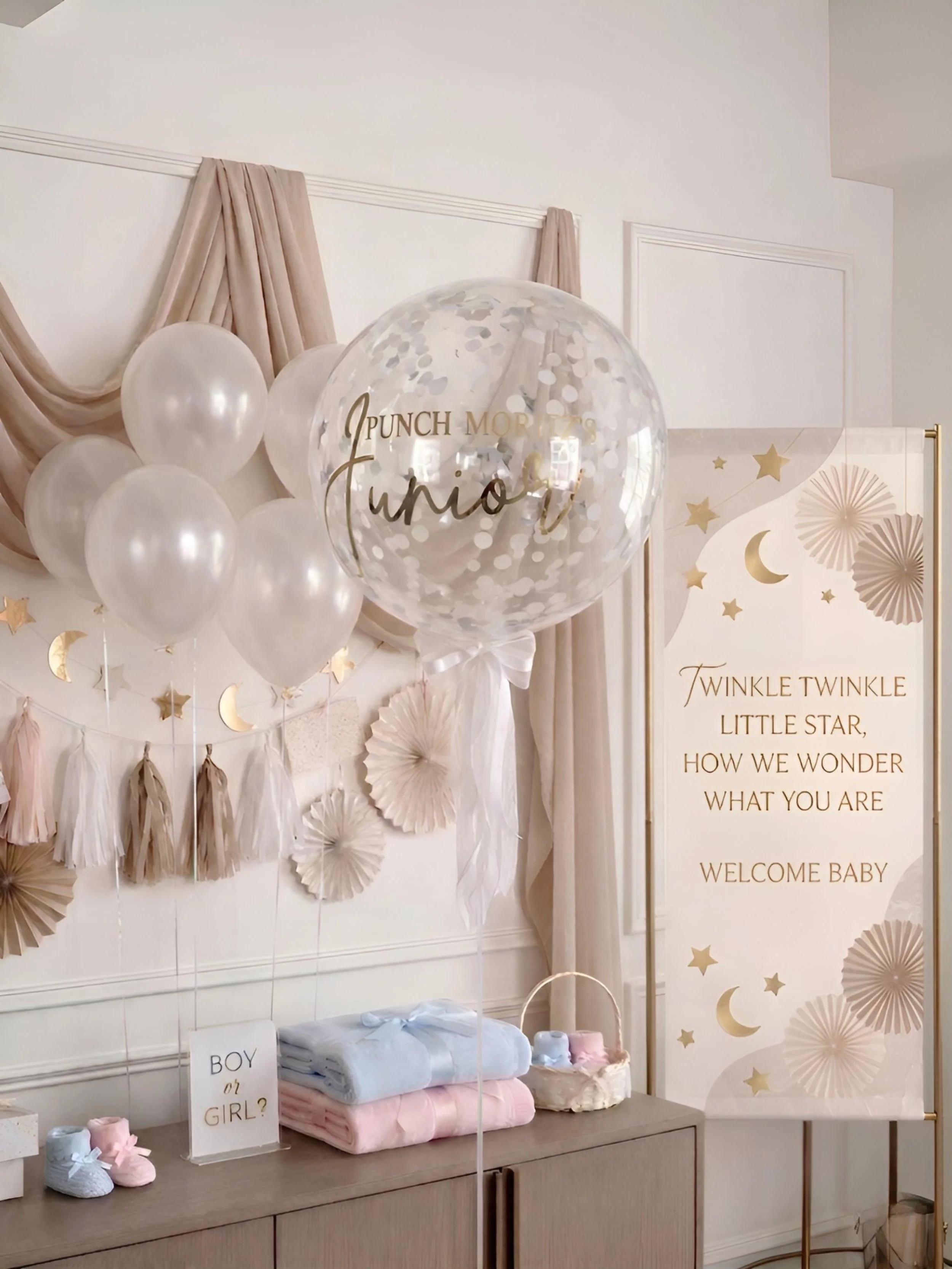 Decorations for a baby gender reveal party, including balloons, paper decorations, a welcome sign, and a sign asking 'Boy or Girl?' in a room with blush and gold accents.