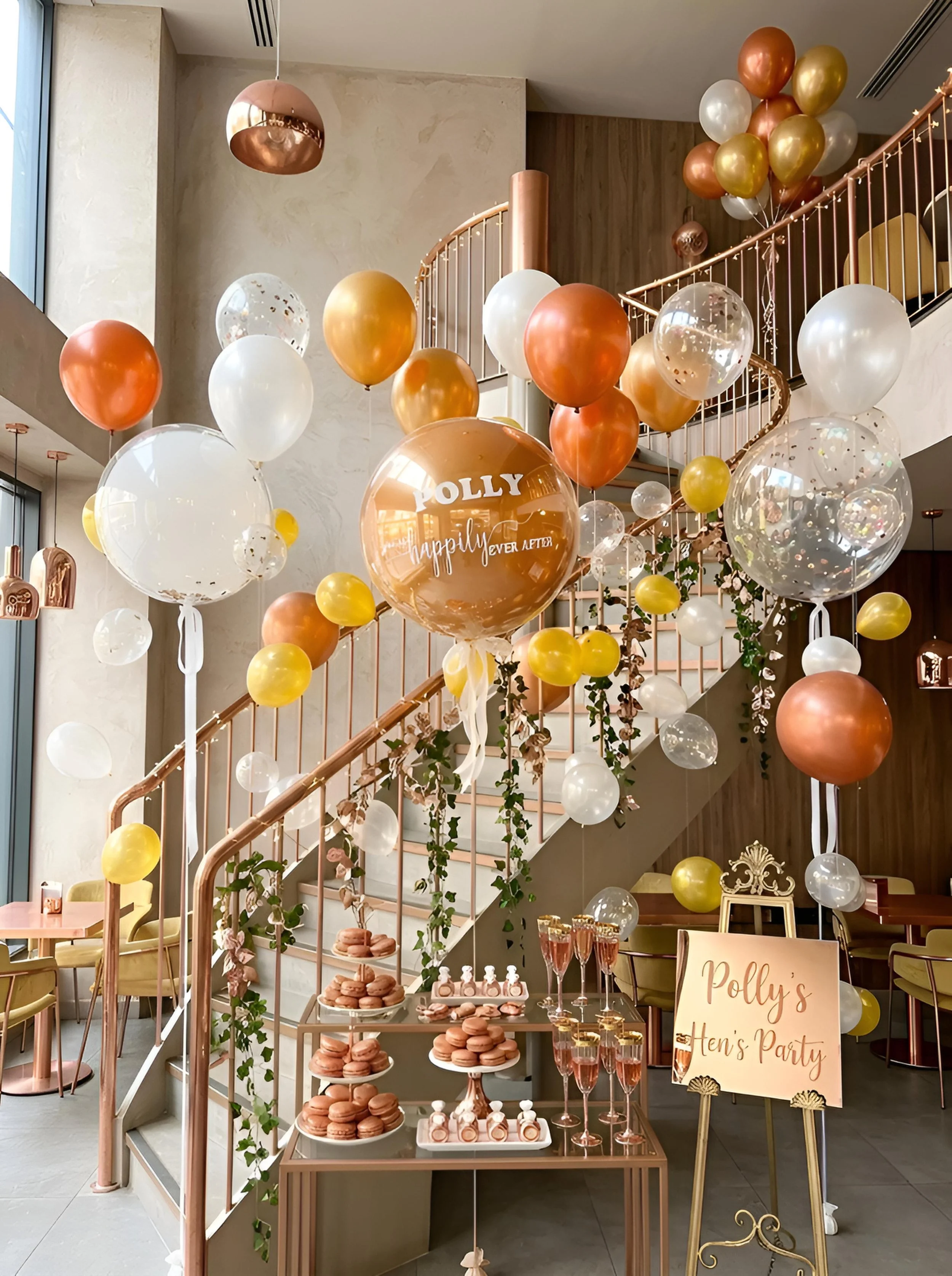 Party decorations with balloons in gold, white, and copper colors, dessert table with macarons and treats, sign that reads 'Polly's Hen's Party', and elegant interior with staircase and floral decorations.