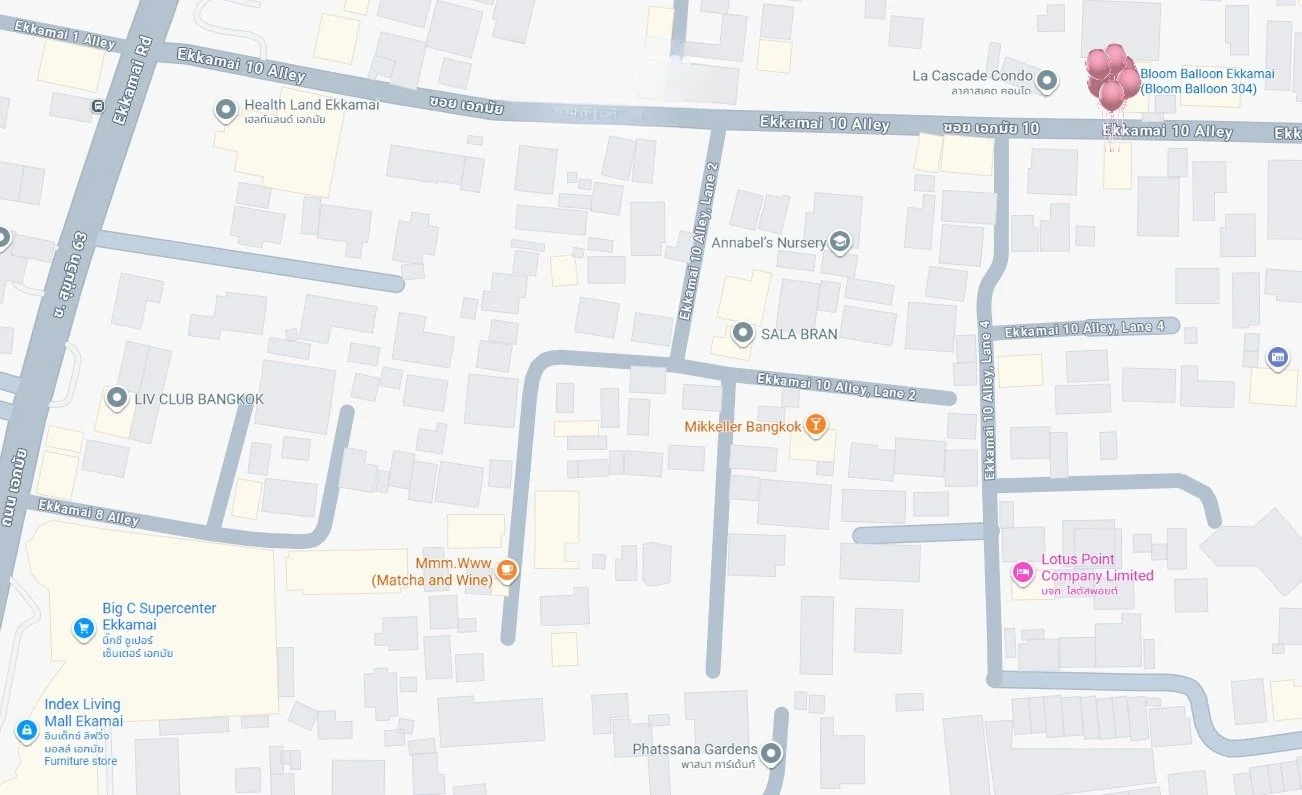 A map highlighting streets and locations in Ekkamai, Bangkok, including Bloom Balloon, Lotus Point, Mikkeller Bangkok, and a Big C Supercenter.
