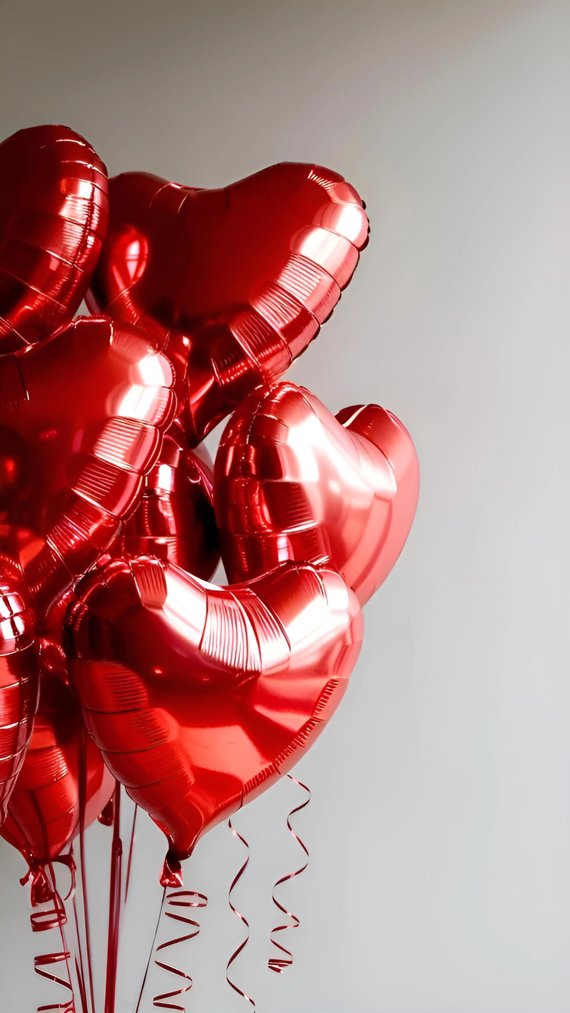 Red heart-shaped balloons floating against a plain white and gray background.