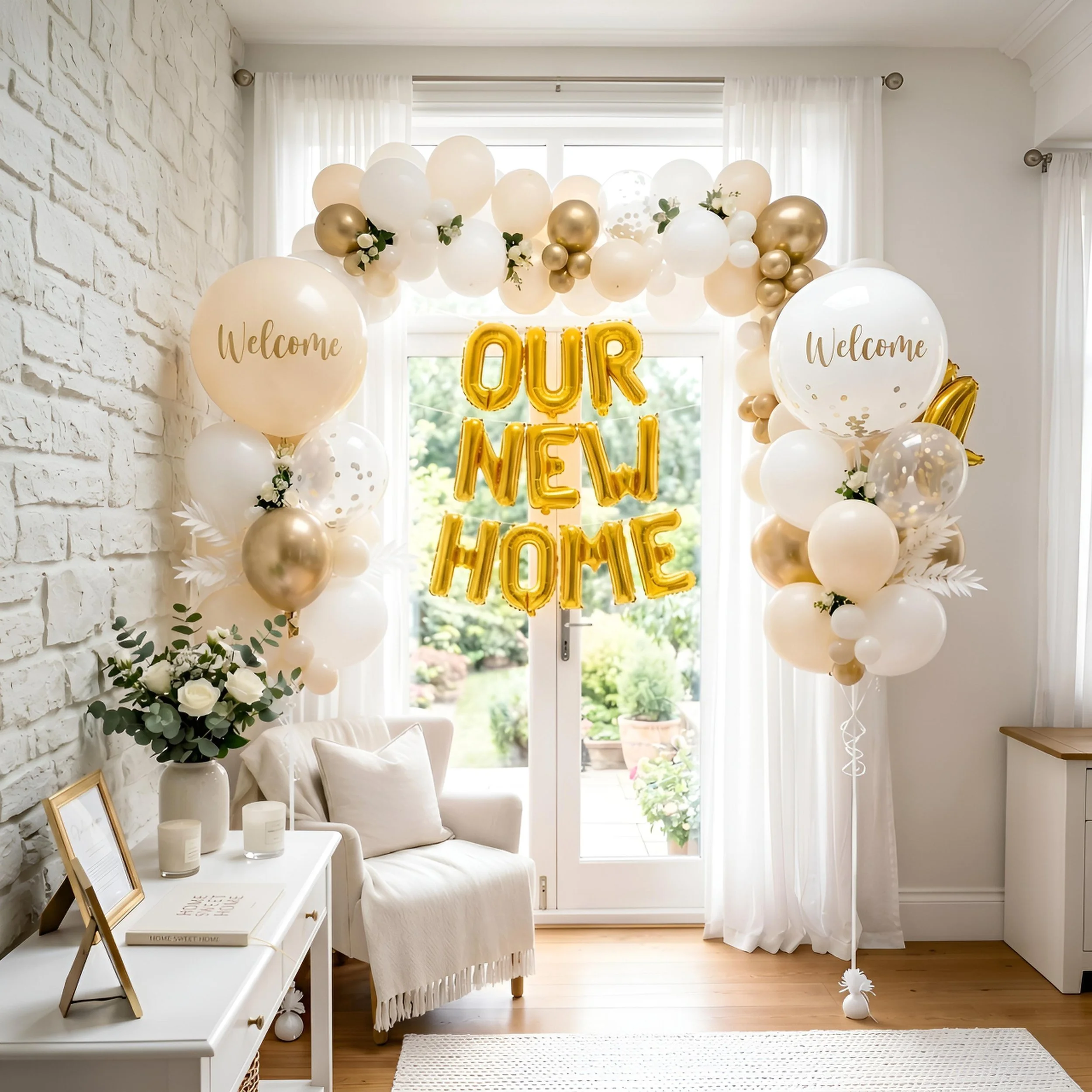Decorative room with balloons spelling "Our New Home" in gold and white, a white table with picture frames, candles, a white armchair, and white curtains with a view of a garden outside.