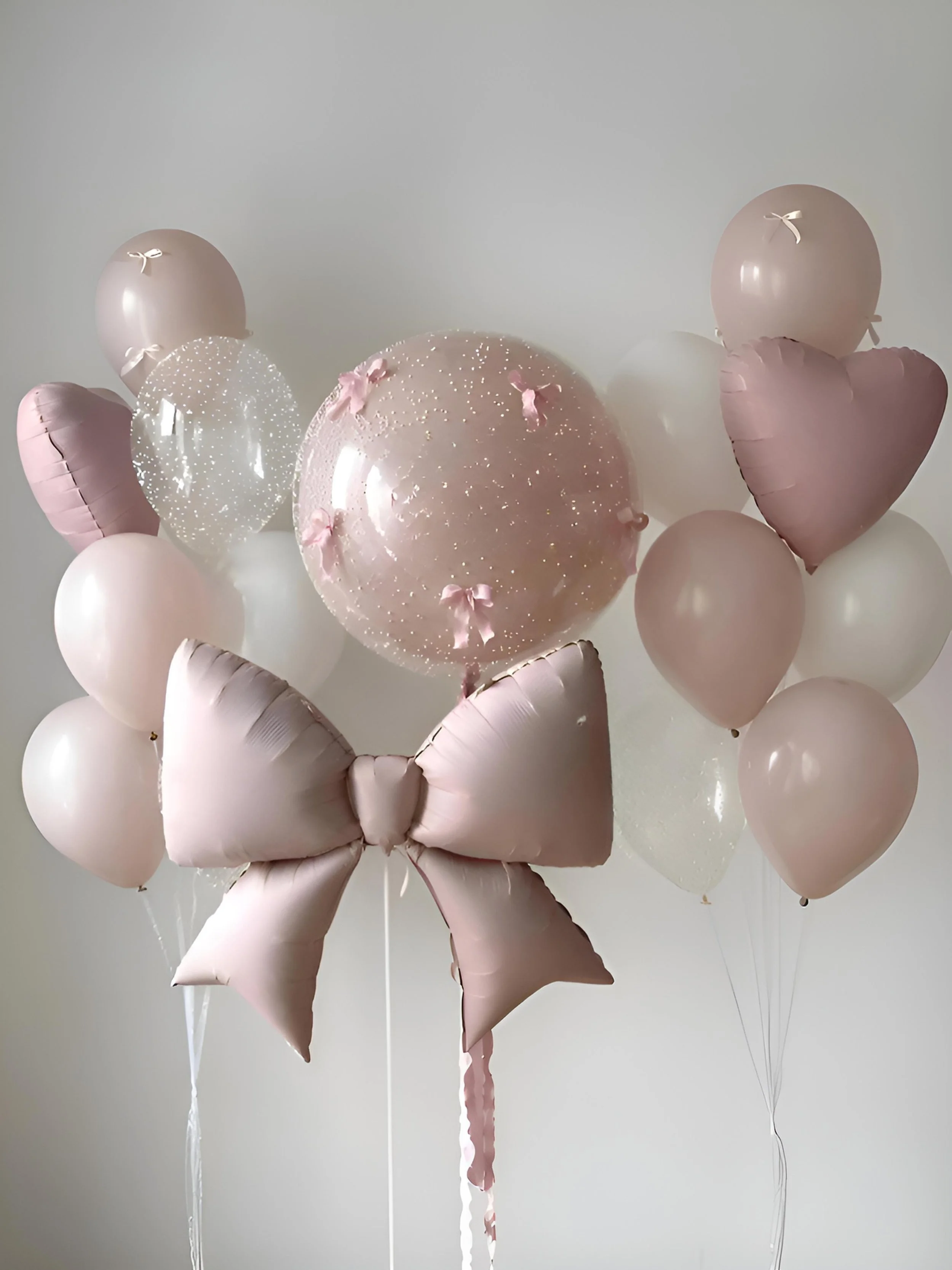 A collection of pink and white balloons, including heart-shaped and round balloons, arranged together with a large, pink, glittery balloon in the center featuring small pink bows and white speckles. A large pink bow balloon is in the foreground.