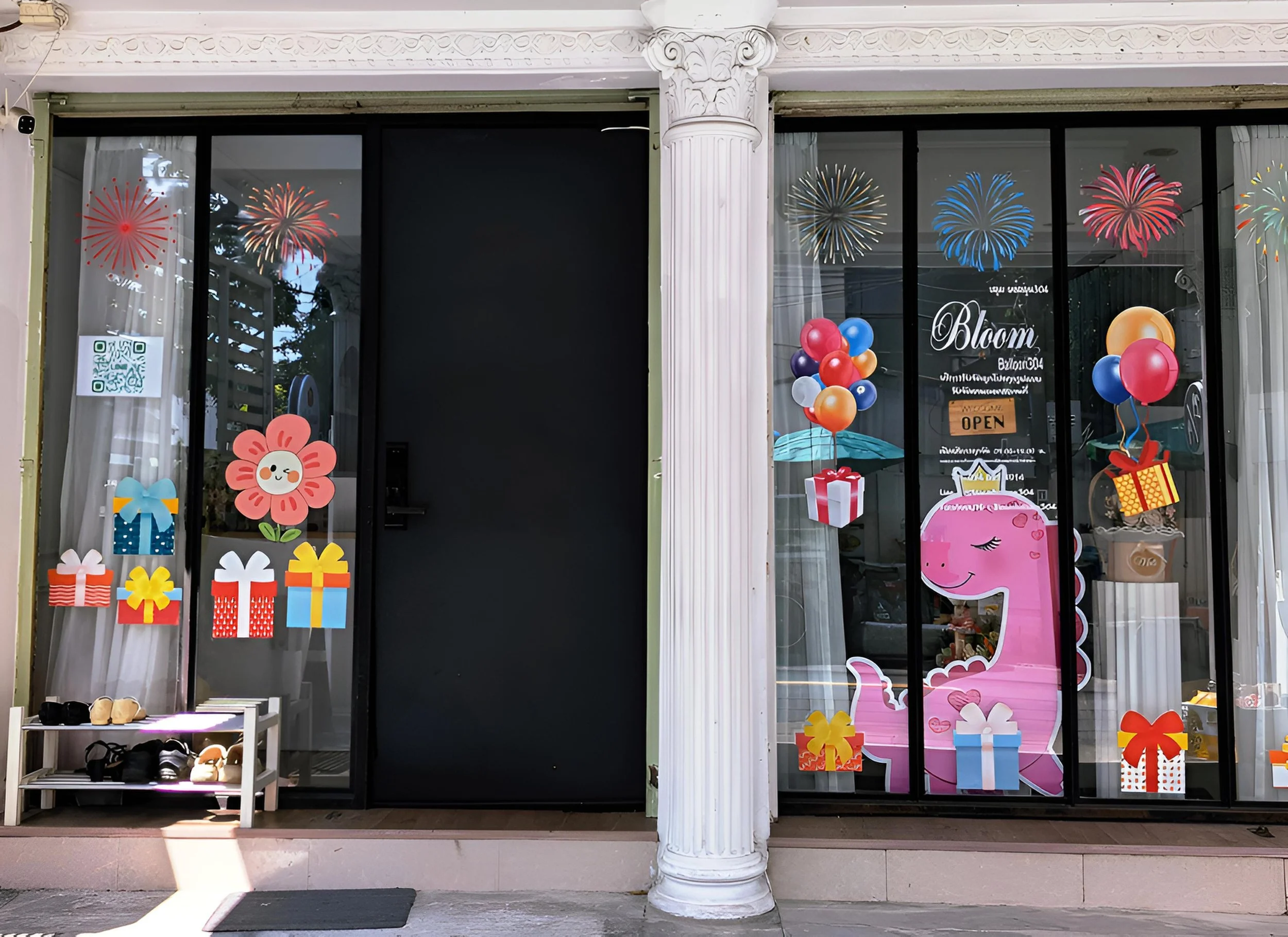 Storefront decorated with colorful paper balloons, gift boxes, a pink cartoon dinosaur, fireworks, and a pink flower with a smiling face, indicating a celebration or grand opening.