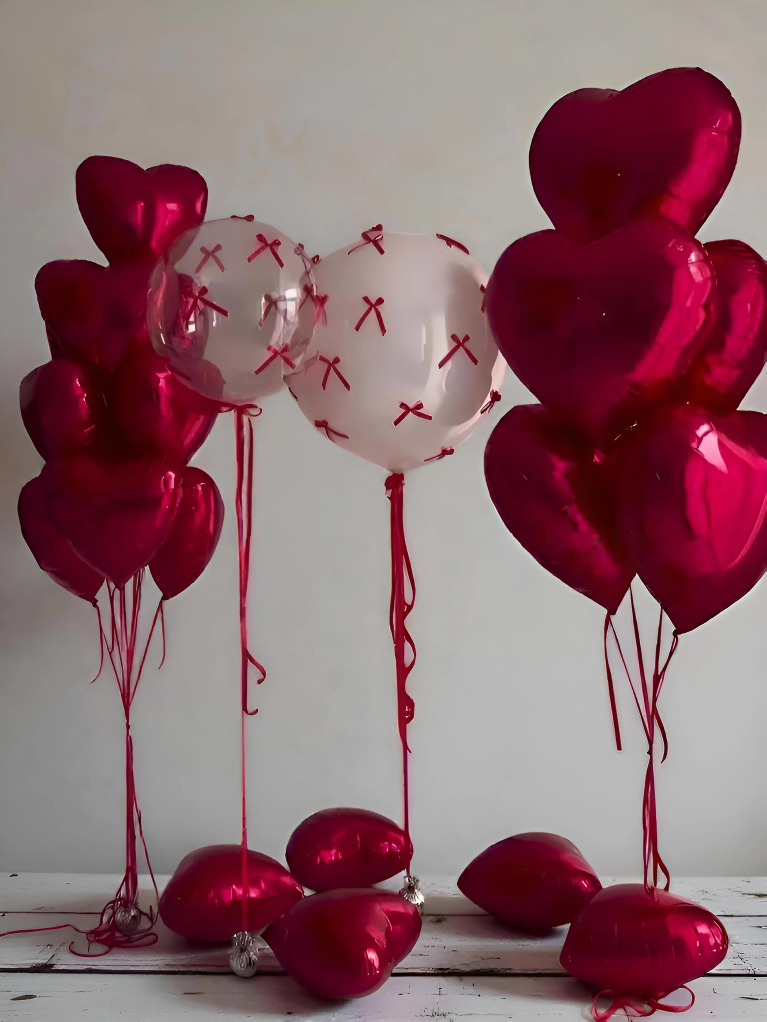 Cluster of red and white heart-shaped balloons, with some lying on a white wooden surface.