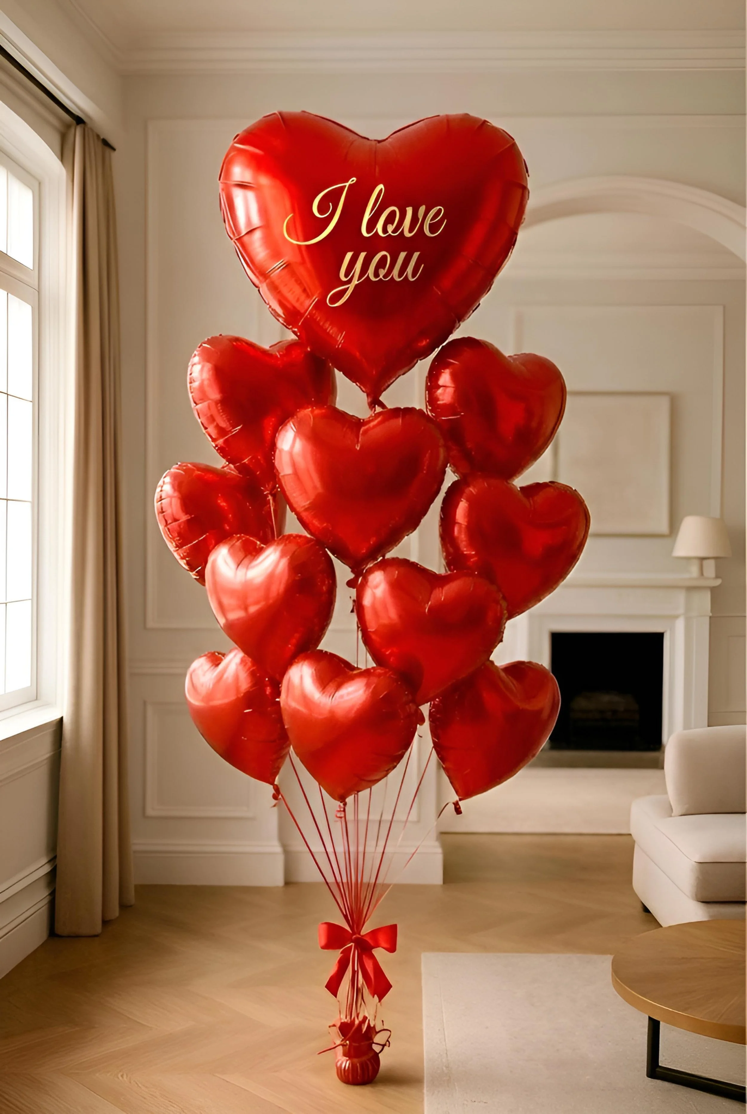 A bunch of red heart-shaped balloons, with one larger balloon at the top that says "I love you", arranged in a cluster inside a living room with a fireplace and a window.