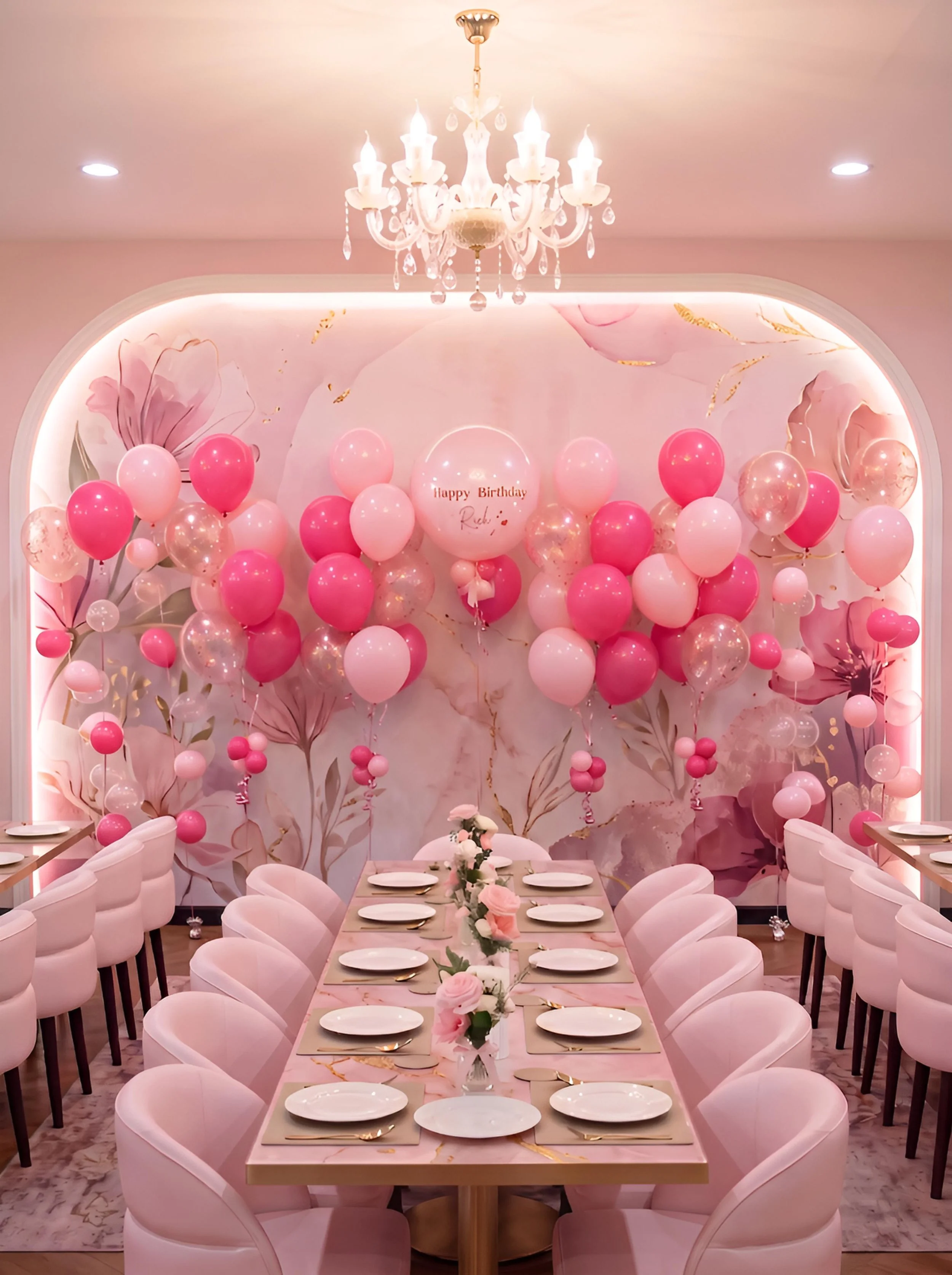 Elegant pink birthday party setup with a long dining table, pink and white balloons, floral centerpieces, and a wall with pink balloons and a 'Happy Birthday Rick' sign, illuminated by a chandelier.