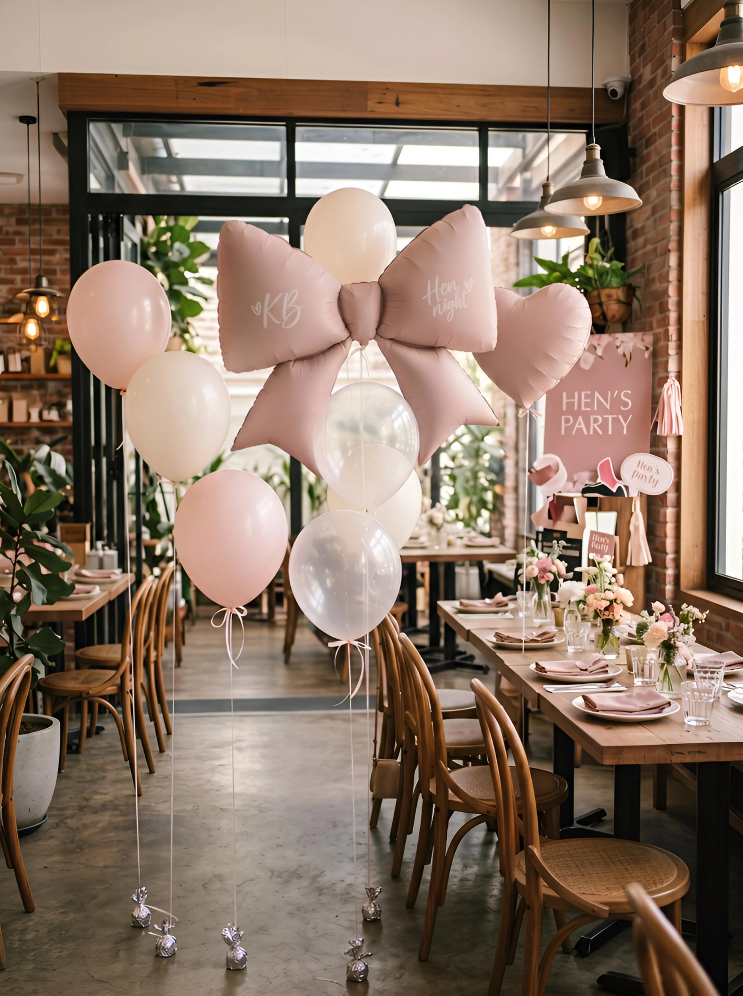 Celebration setup with pink and white balloons, including a large star-shaped balloon with "KB" and "Hen night" written on it, and pink banners reading "Hen's Party". The setting is a cozy, modern restaurant with wooden chairs, arranged tables with pink napkins, and flower centerpieces.
