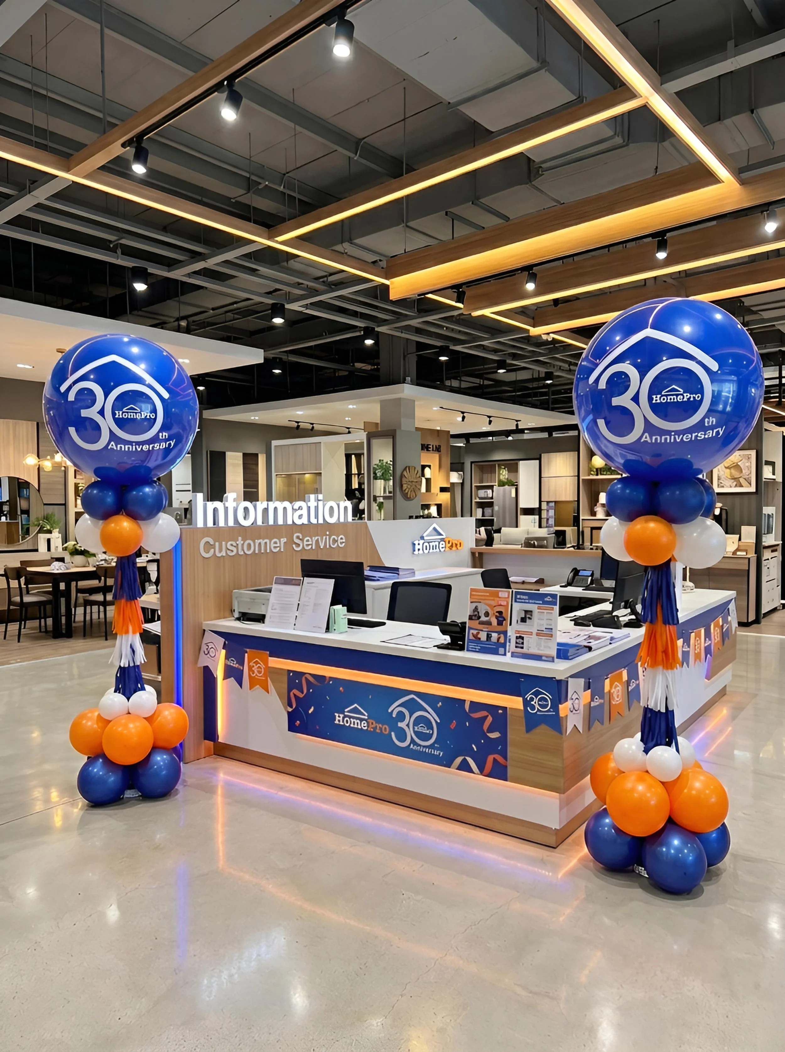 Store display celebrating 30th anniversary of HomePro with balloons, illuminated signage, and furniture displays in the background.