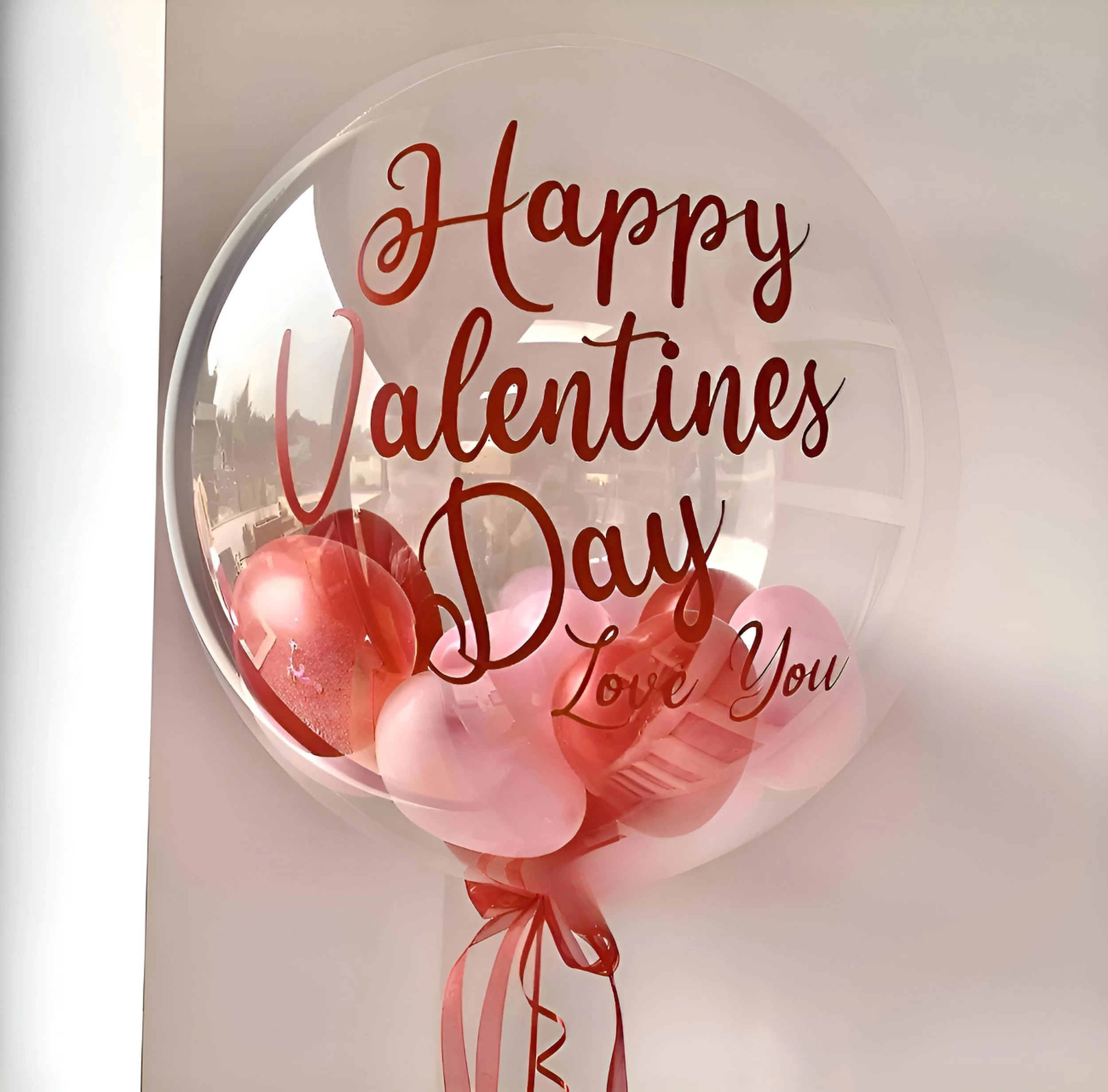 Clear balloon with red and pink hearts inside, decorated with red cursive text that reads 'Happy Valentines Day Love You'.