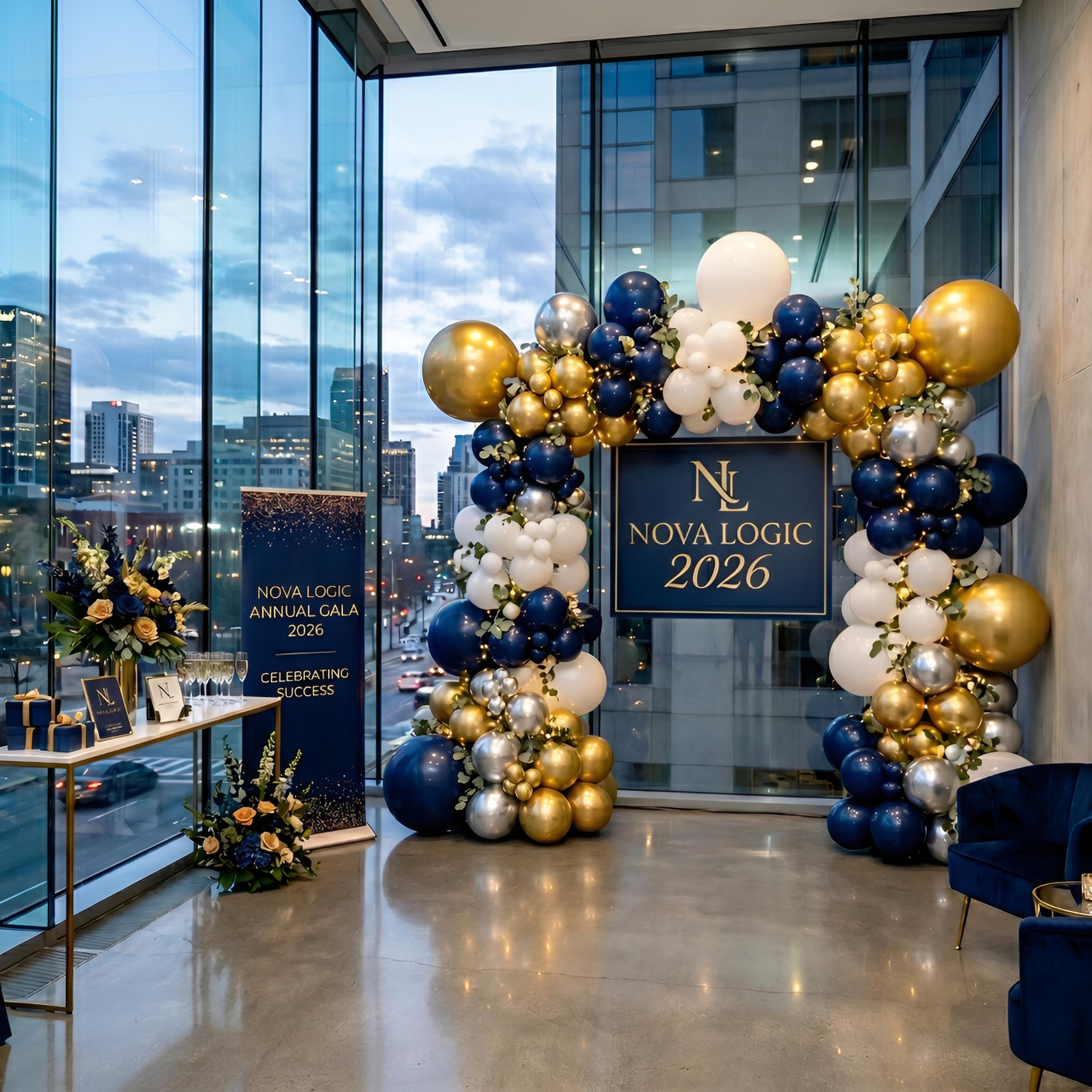 Modern office lobby decorated with a large balloon arrangement in navy blue, gold, white, and metallic colors, with floral accents, for a 2026 gala event, featuring a cityscape view through floor-to-ceiling windows at sunset.