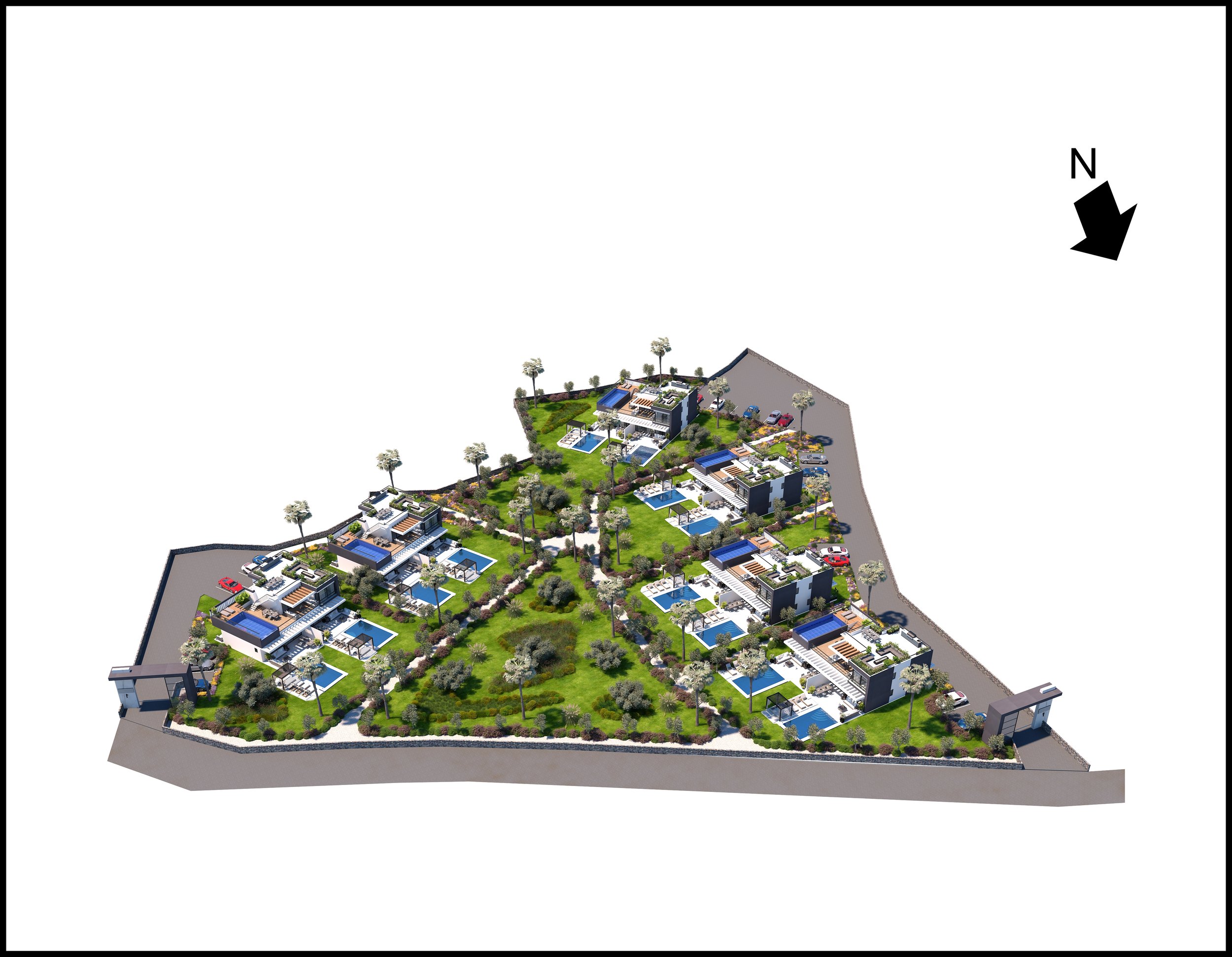 3D-Plan einer modernen Wohnanlage mit mehreren Gebäuden, grünen Gärten und privaten Pools.