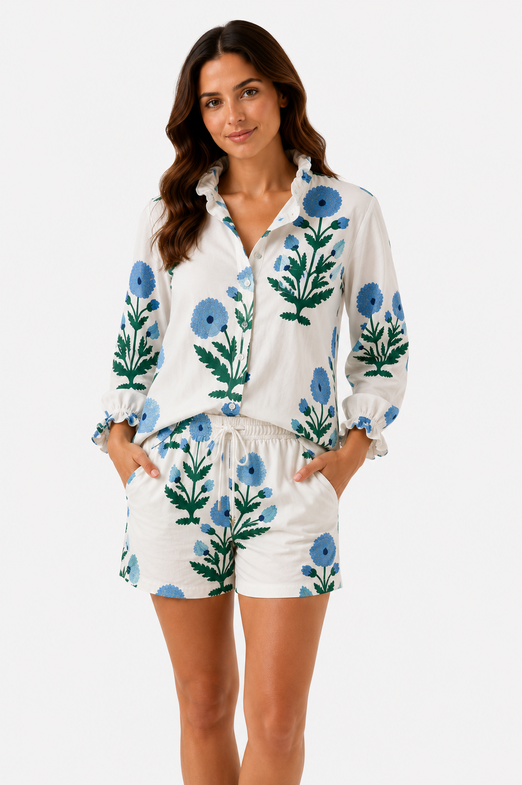 Big Floral - Blue and Green Women's Button Up Ruffled Collared Blouse Set