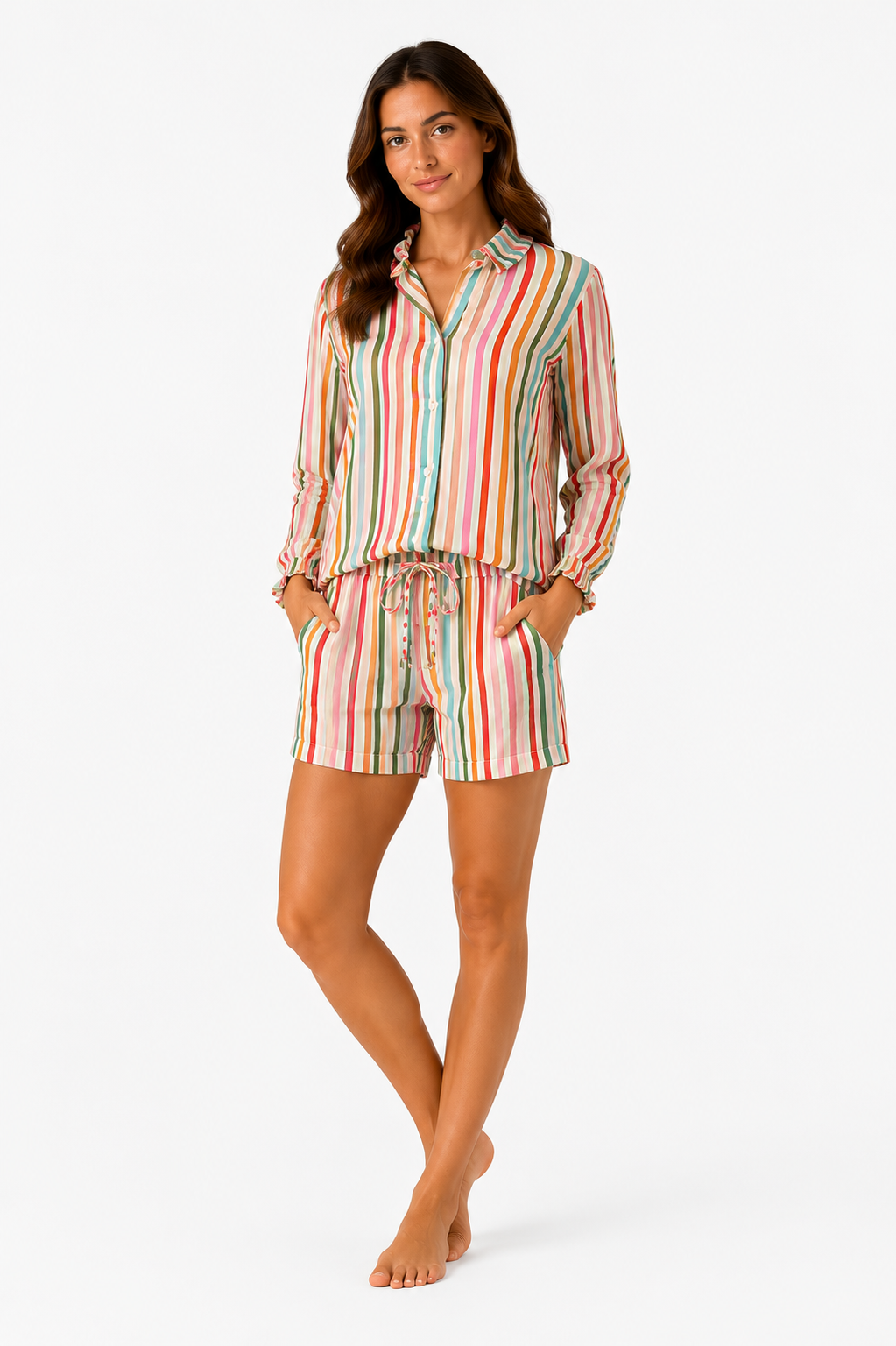 Rainbow Stripe Print Women's Button Up Ruffled Collared Blouse Set