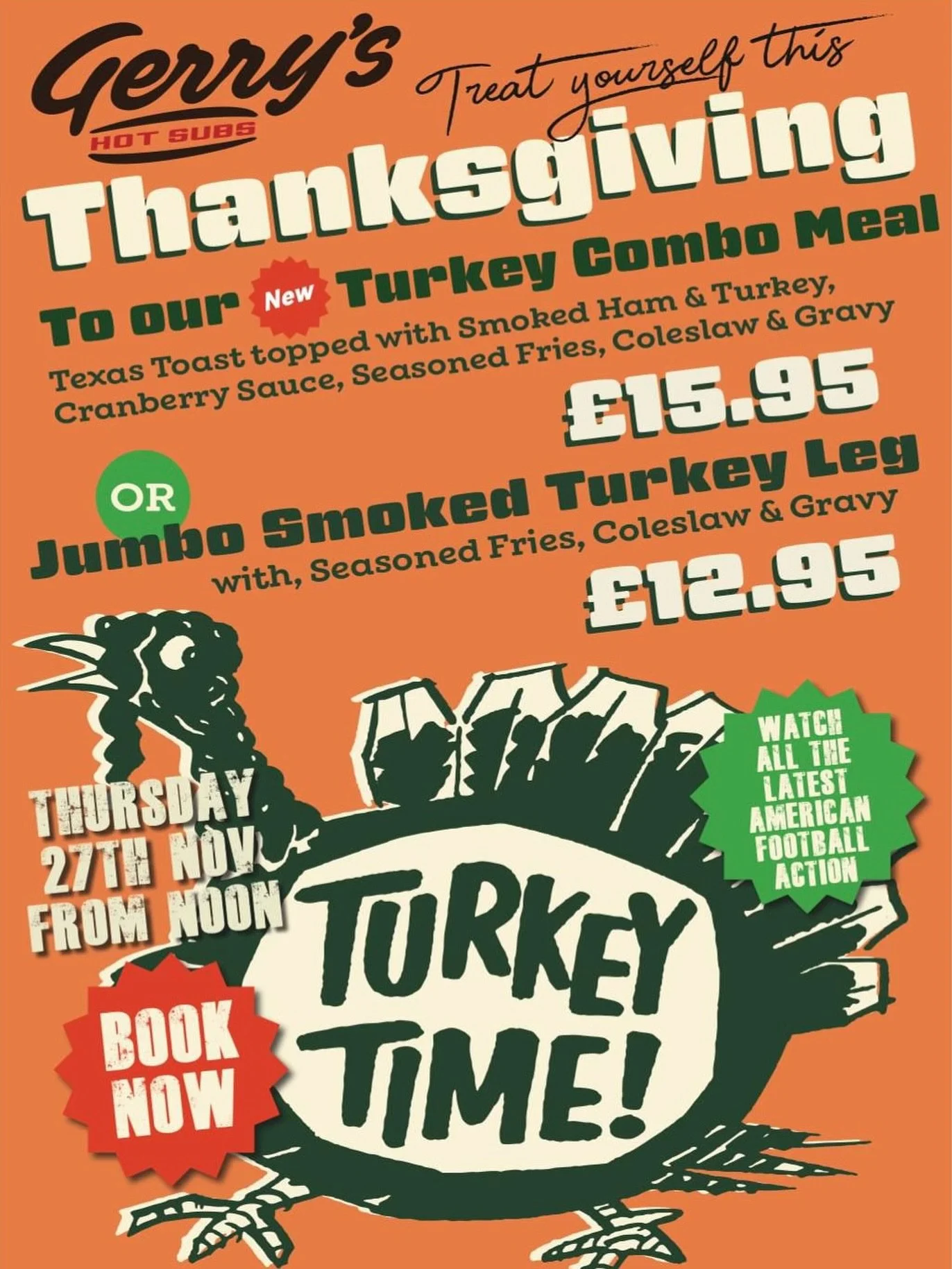 One night only and we&rsquo;re going FULL Thanksgiving.
Turkey combos, jumbo legs, cranberry, gravy - the whole shebang.

Secure your spot for the games
🏈Packers v Lions 6PM
🏈Chiefs v Cowboys 9.30PM

Thursday from noon. You know what to do.😉