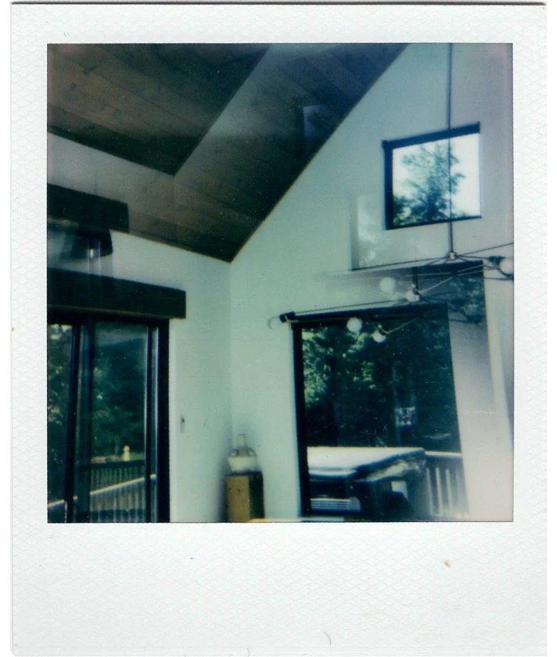 Interior view of a room with vaulted ceiling, two large windows with blinds, and a wall-mounted flat-screen TV showing the reflection of trees outside.