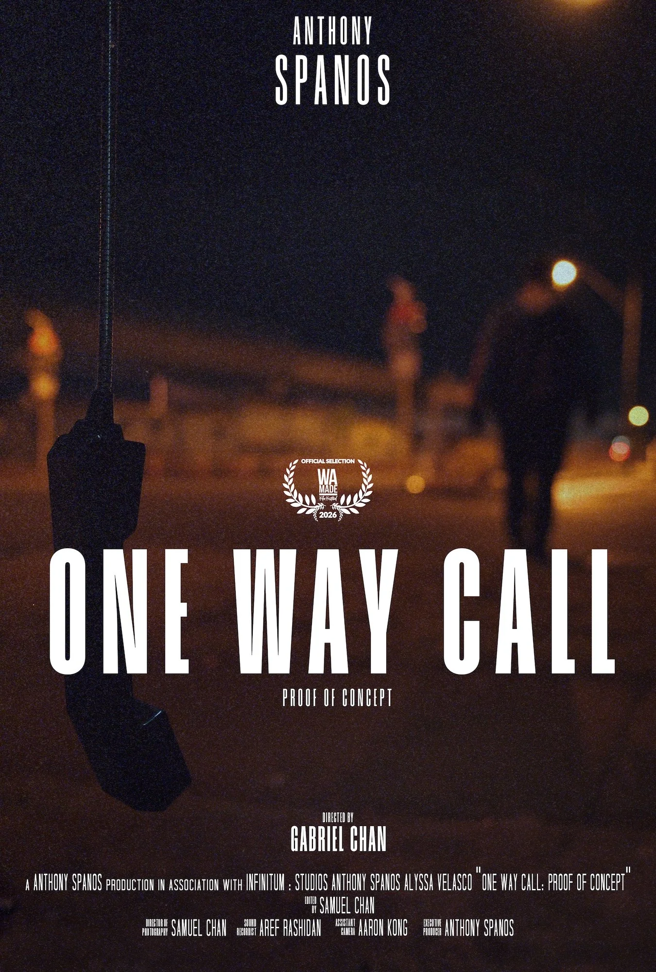 A movie poster for 'One Way Call' directed by Gabriel Chan, featuring a dark street scene at night with a person walking away, and a hanging phone in the foreground.