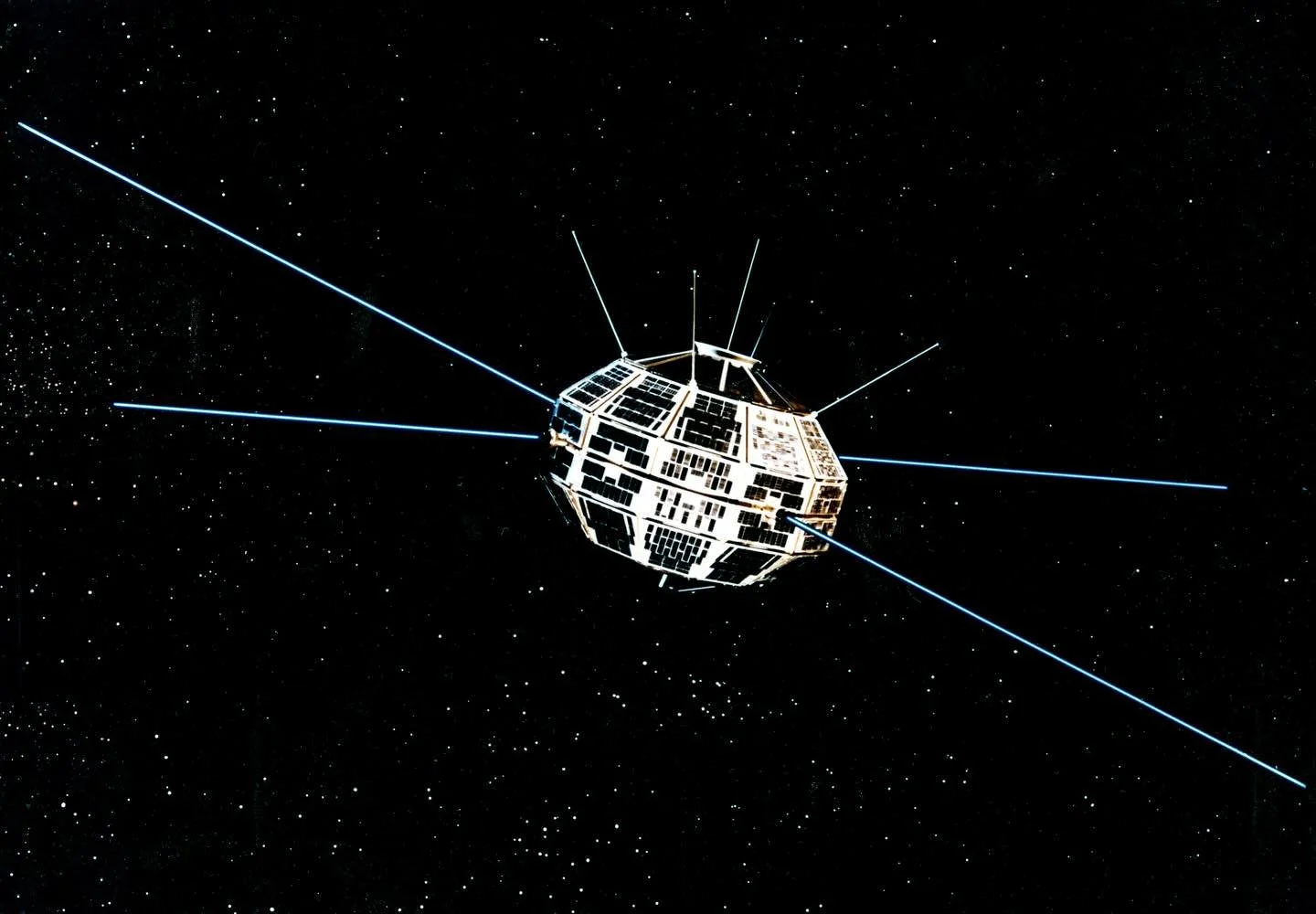 Alouette I in Space

Canada&rsquo;s first satellite is seen here in an artists rendering showing the fully deployed antennas or STEMs (Storable Tubular Extendable Members). The STEM would go on to be the first major product of the De Havilland Specia