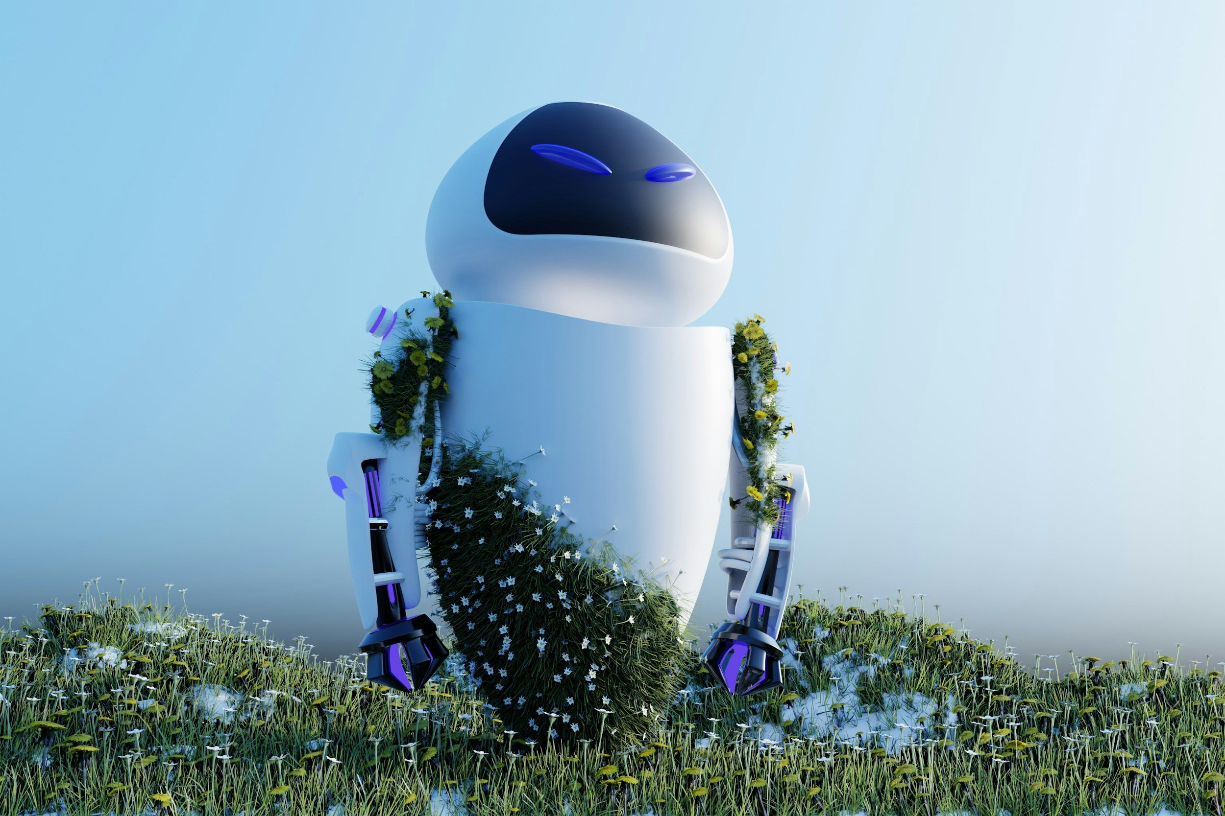 a futuristic robot with flowering moss growing on it