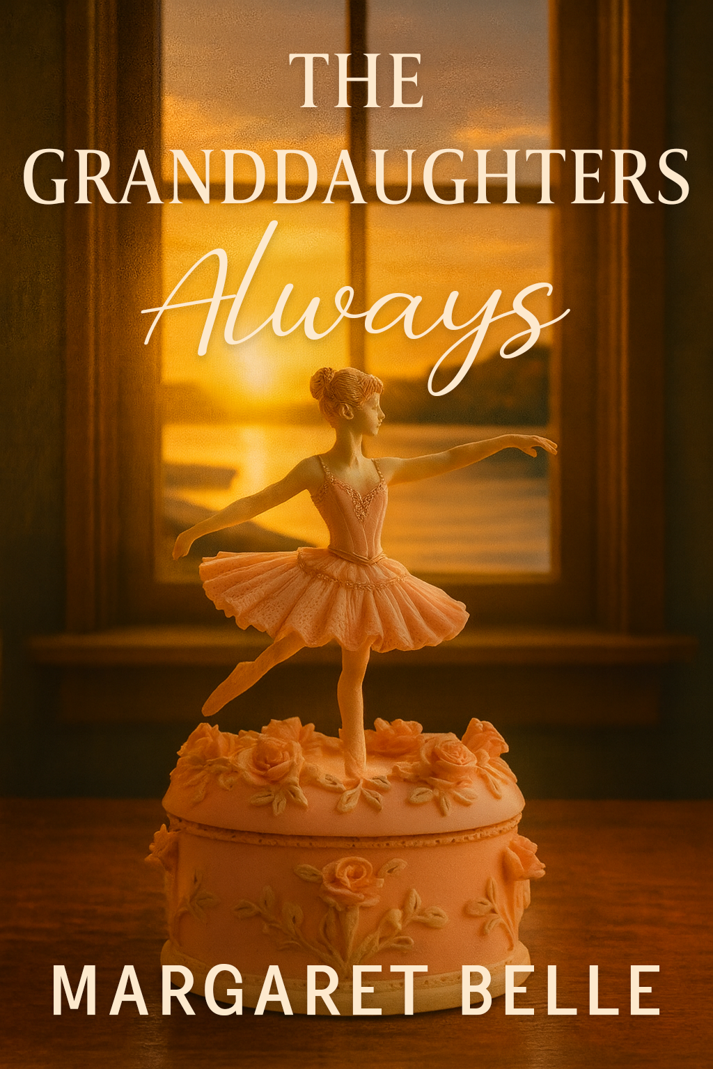 A book cover titled 'The Granddaughters Always' by Margaret Belle, featuring a ballerina figurine on a decorated cake, set against a warm sunset view through a window.