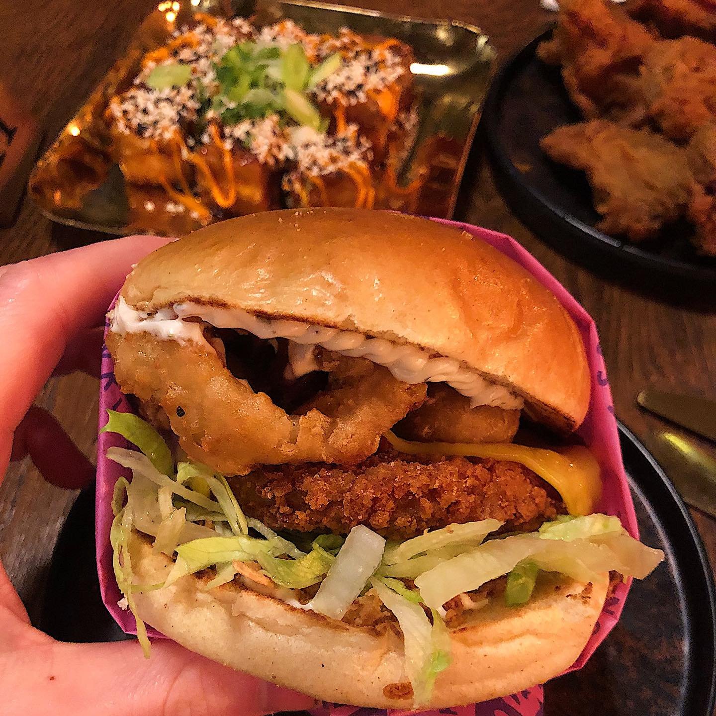 I ordered way too much @wholesomejunkies and regret nothing. Chicken truffle burger, Korean poppers, chikn wings and sushi burrito 🌯
Everything was wonderful, I’d eat it all again in a heartbeat 🌱