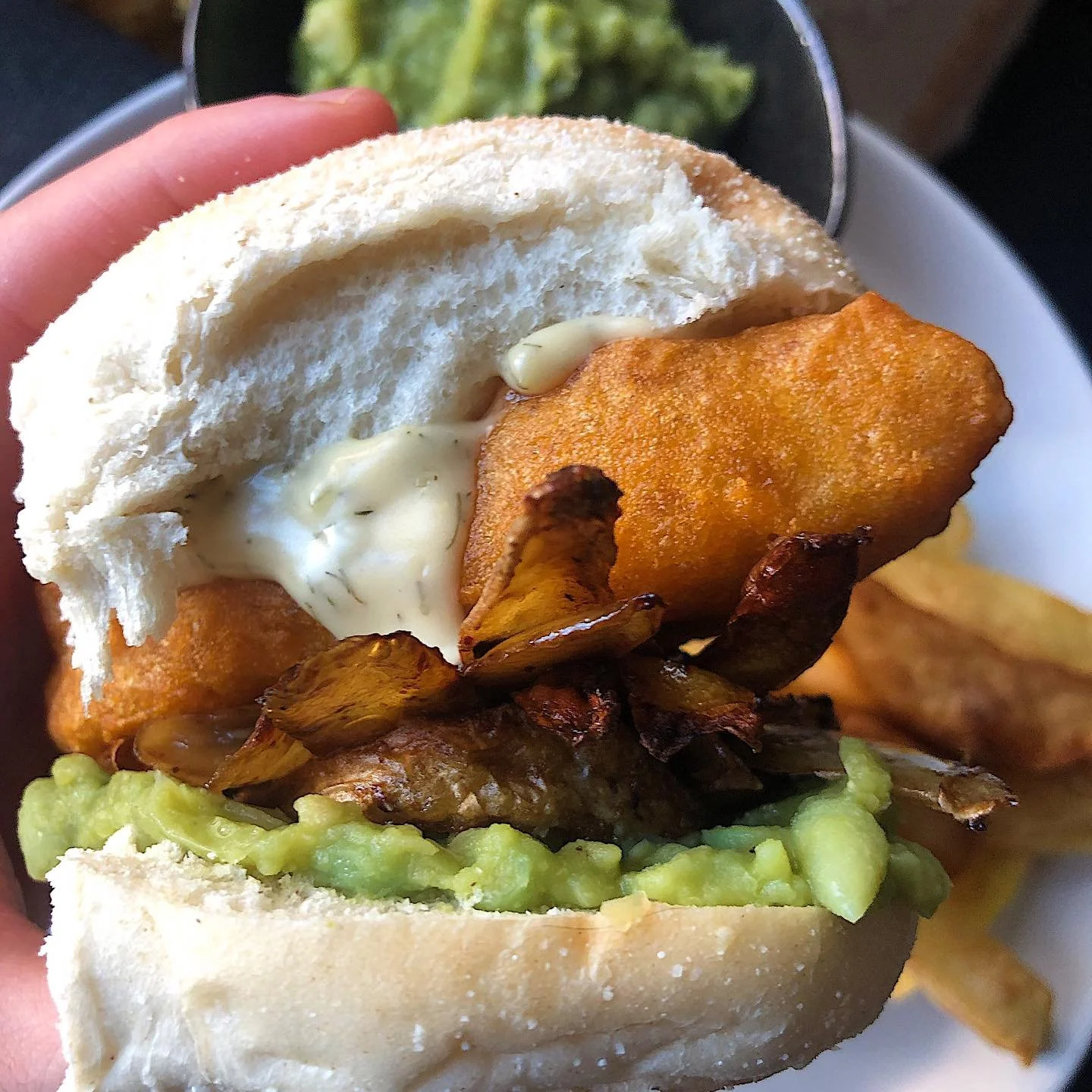 When making this I didn&rsquo;t realise one of my other more recent posts was a fish and chip butty. 🥪

Aldi vegan fish fillet, minted mushy peas, homemade tartare sauce, air fried crispy potato skins and some extra homemade chips 🍟 

I ate this me