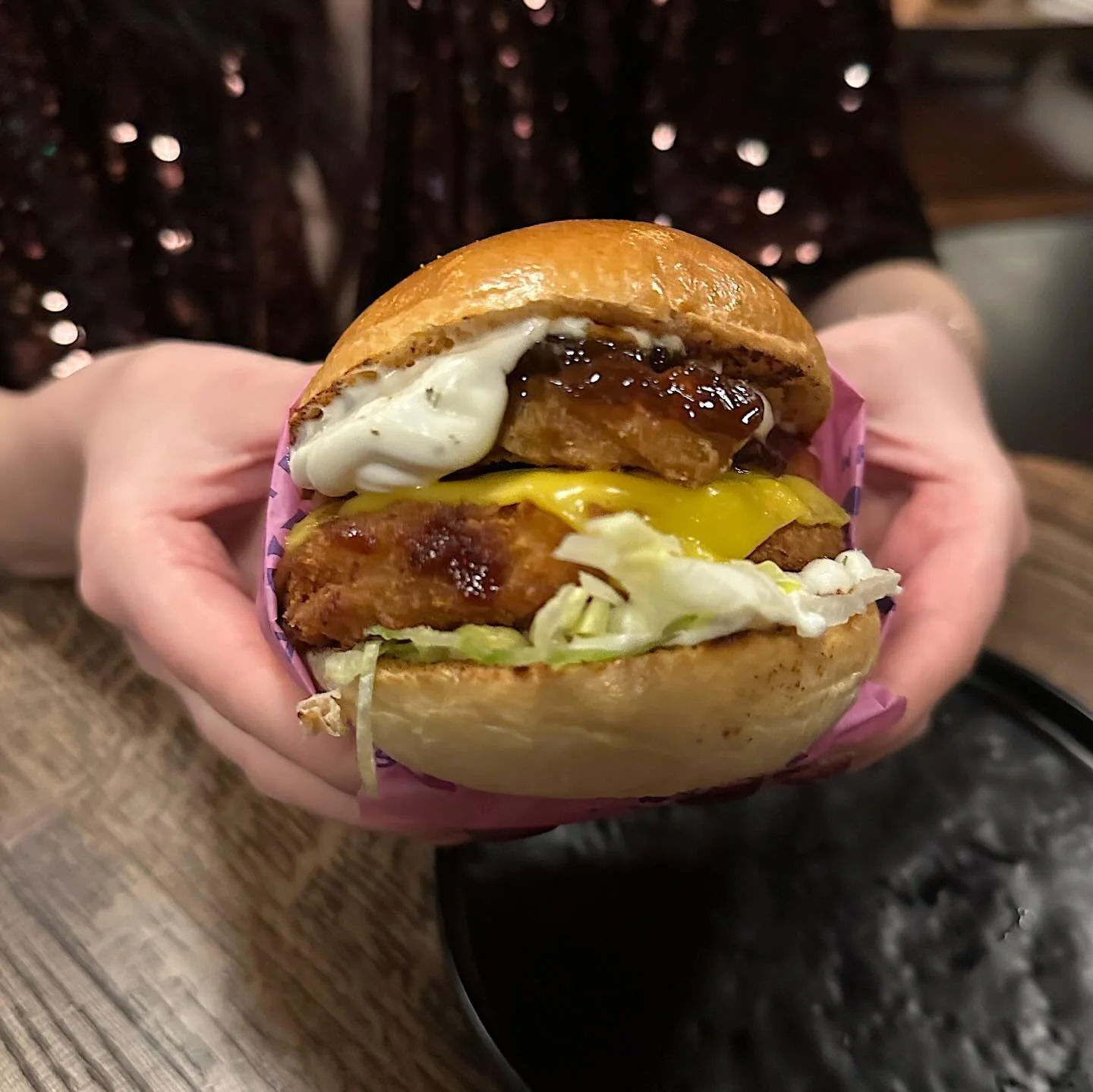 @wholesomejunkies made New Years Eve very filling and very tasty 🍔 Truffle chicken burger with cheese, onion rings, caramelised onion jam, lettuce and truffle mayo 🤘🏻 Fried chicken kimchi burger with cheese, Korean soy, kimchi, lettuce, spicy mayo