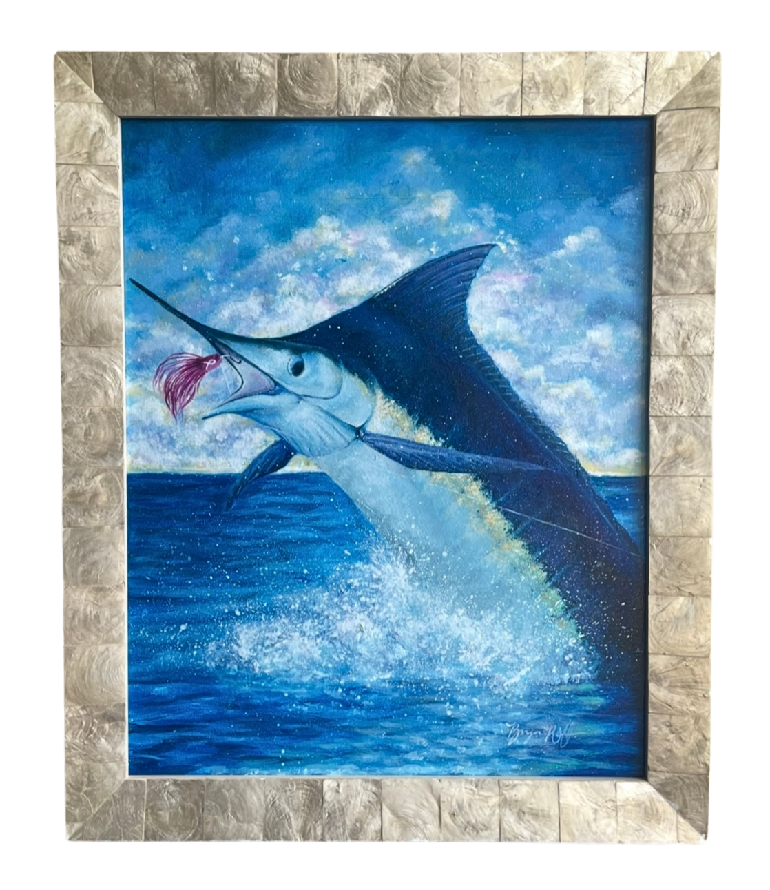"Leap of Faith" Carolina Ladies Billfish Classic - 16"x20" original framed artwork, acrylic medium, 2024.