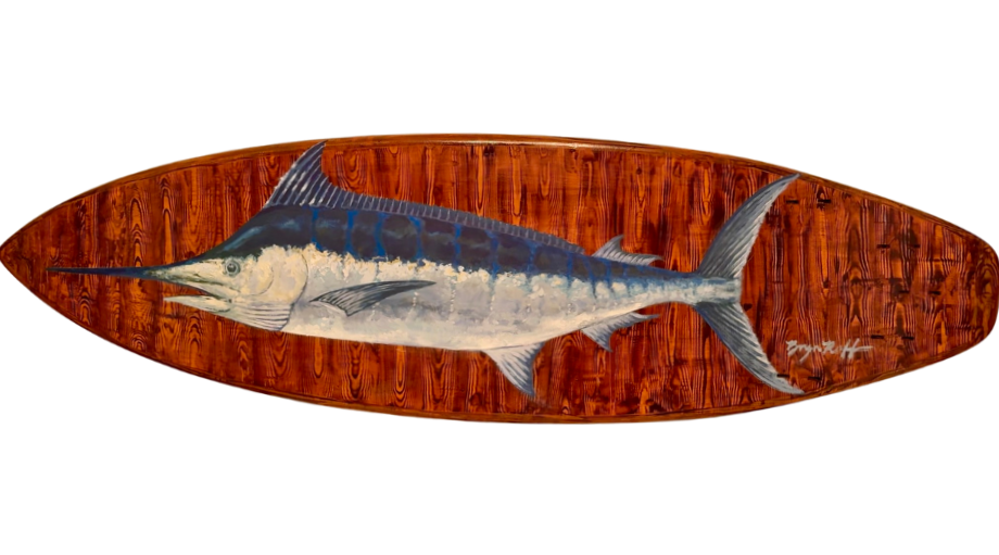 "Blue Marlin Faux Teak Surfboard" HMY Low Country Cup - original artwork, acrylic medium, 2025.