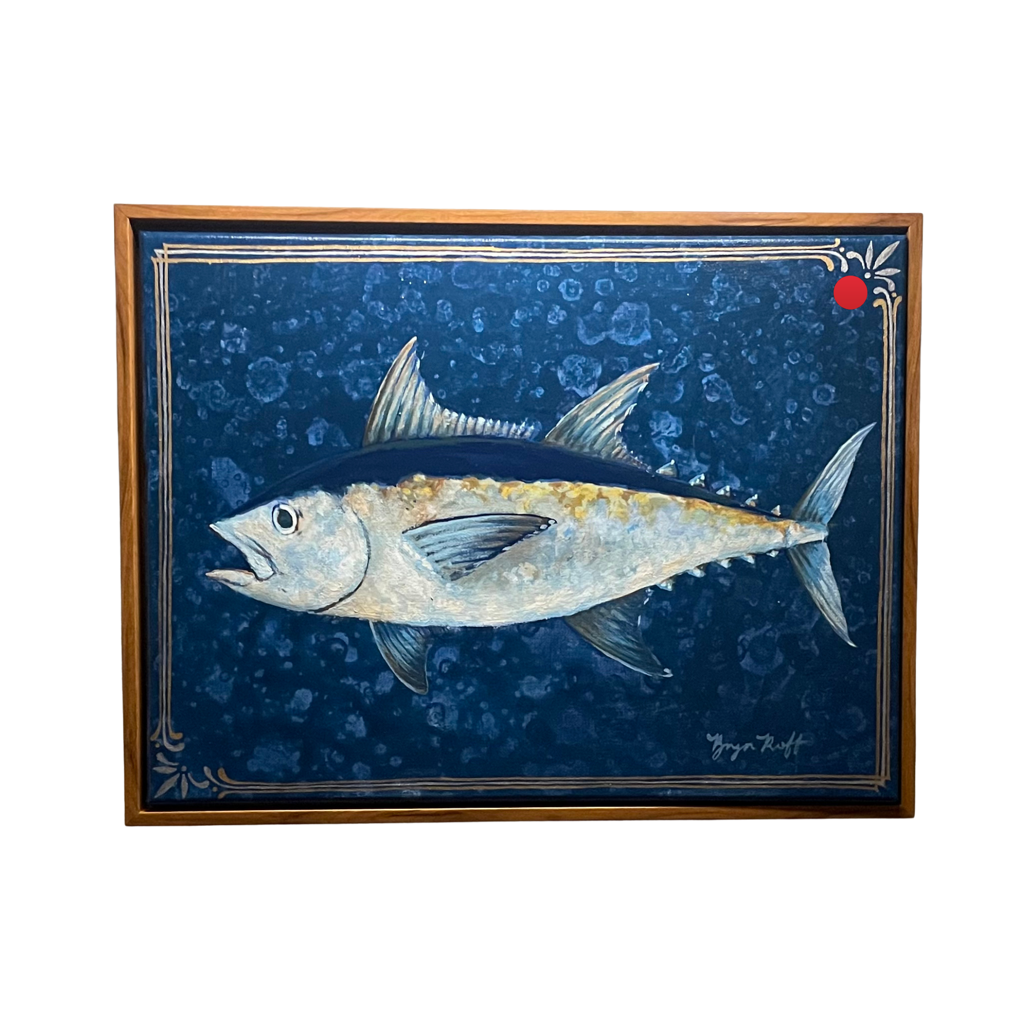 "Blackfin Tuna" 2025, silver and gold detail, acrylic on 9"x12" canvas. Sold