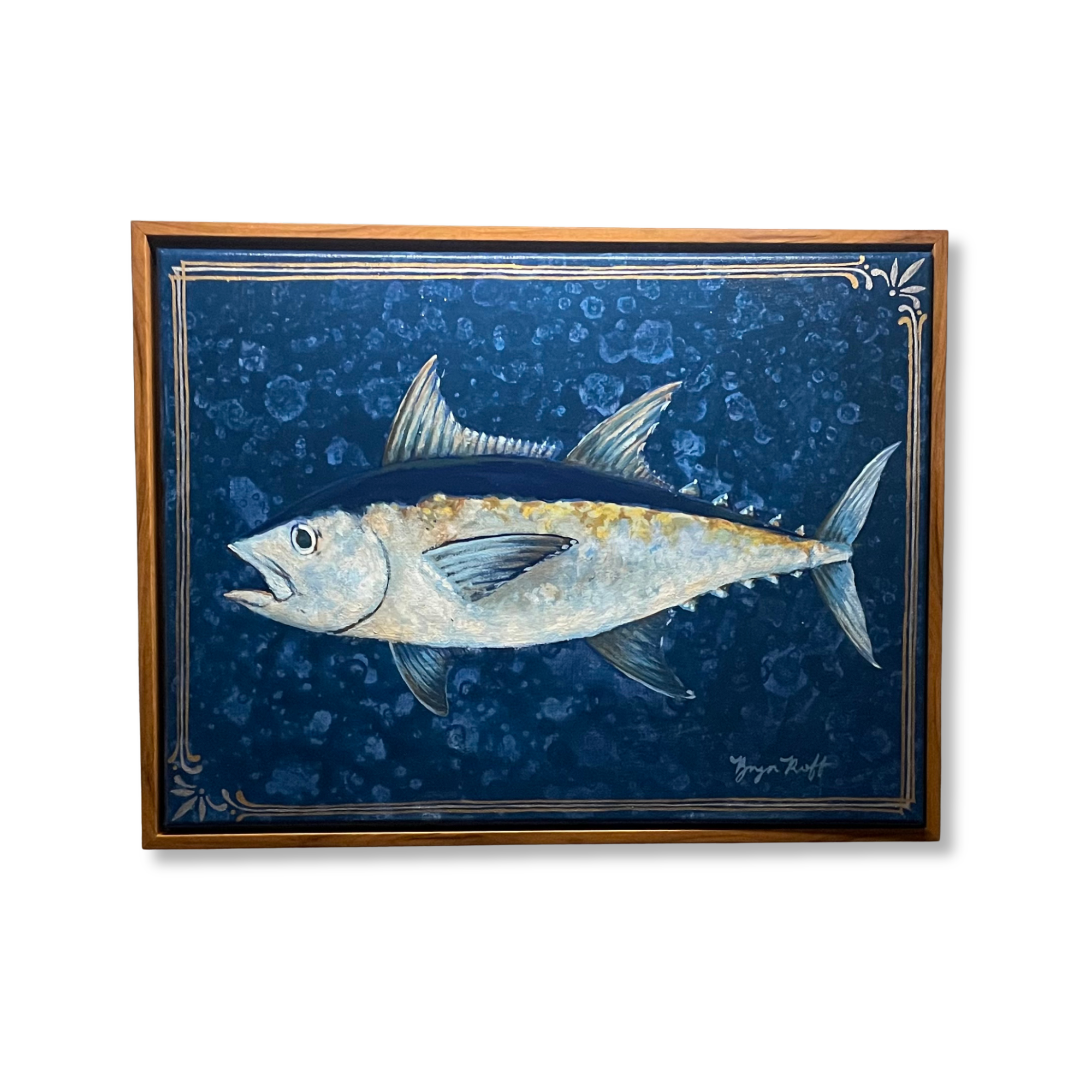 "Blackfin Tuna" 2025, silver and gold detail, acrylic on 9"x12" canvas.
