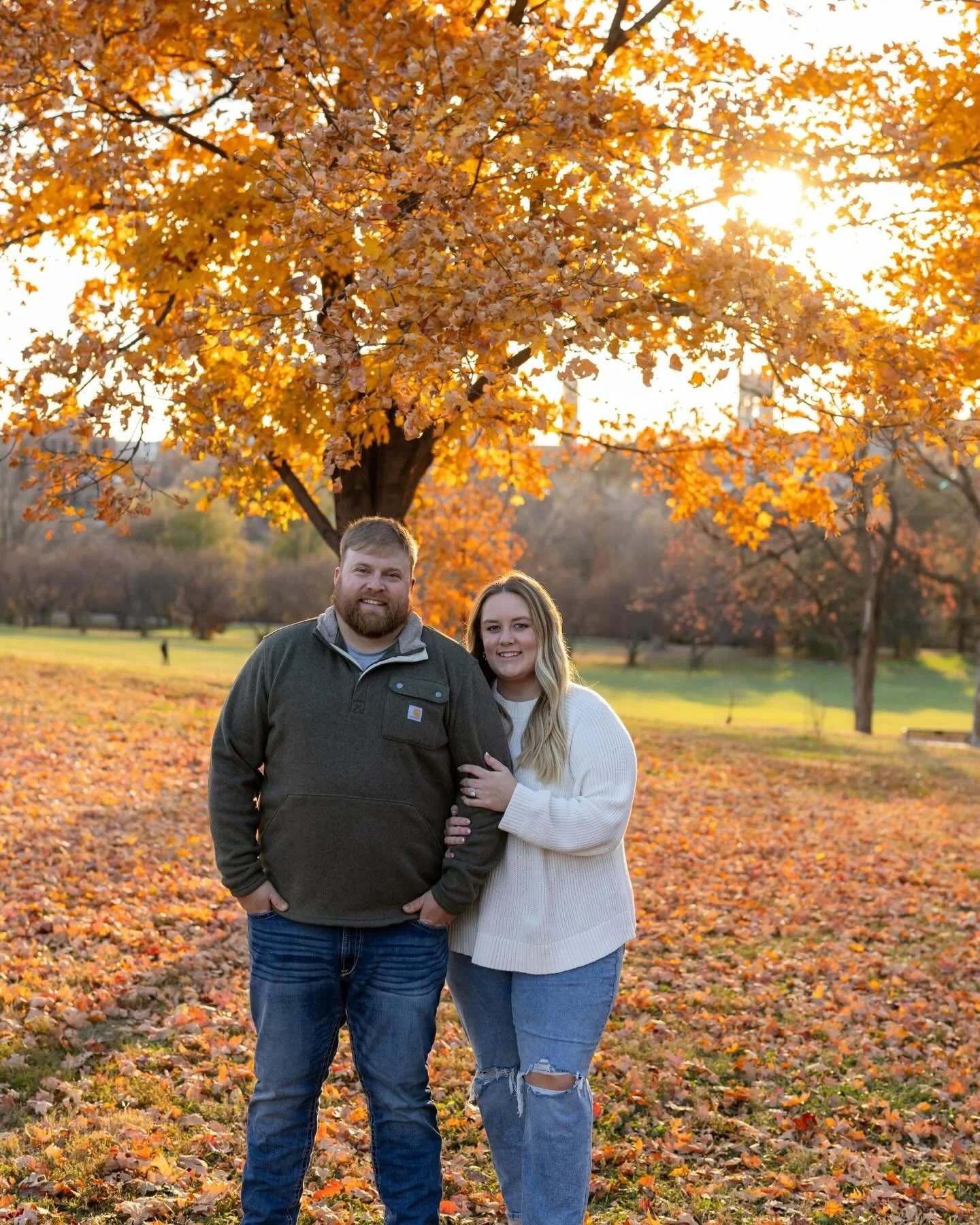 The leaves look a little different now than during Jordan &amp; Zach&rsquo;s engagement photos, but in just two short weeks they&rsquo;ll be surrounded by lush green trees and grass on their wedding day. 🍁🍃