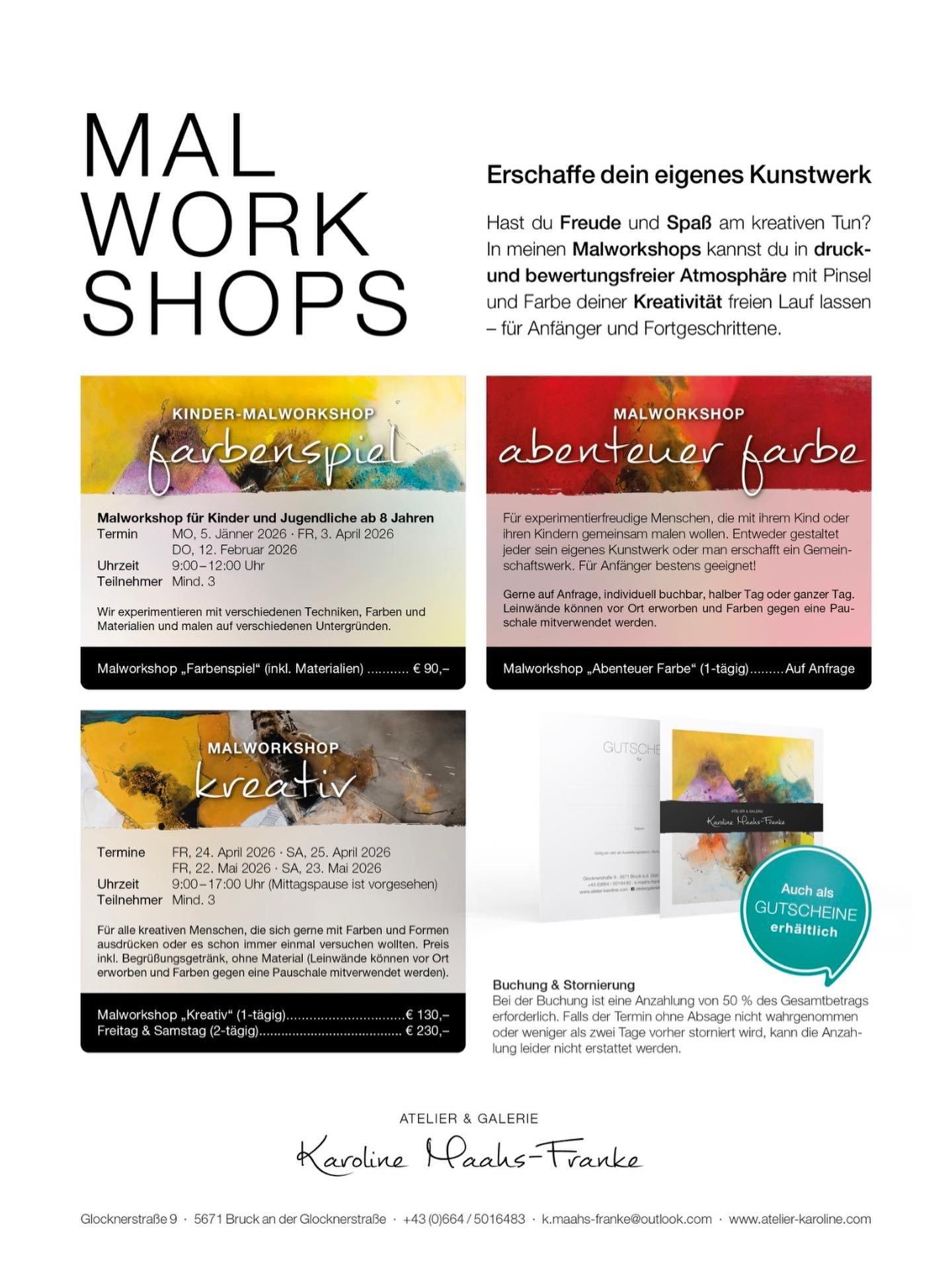 MALWORKSHOPS 2026 🎨 - Kreativit&auml;t entdecken!

Auch im kommenden Jahr lade ich wieder zu inspirierenden Malworkshops ein - f&uuml;r Kinder, Erwachsene und alle, die Lust haben, in Farben und Formen einzutauchen. Ob erste Pinselstriche oder neue 