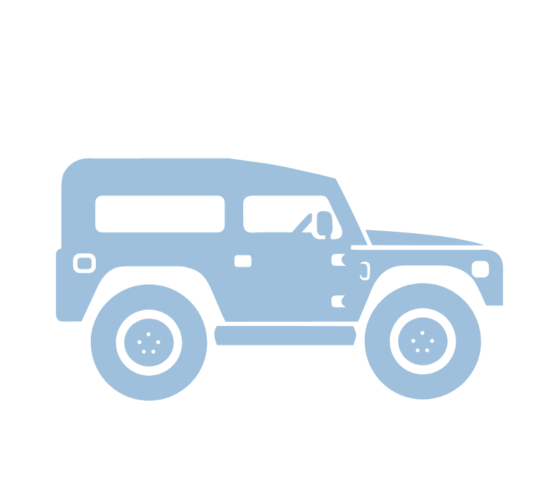 Icône d'un véhicule tout-terrain stylisé en bleu, vue de côté.