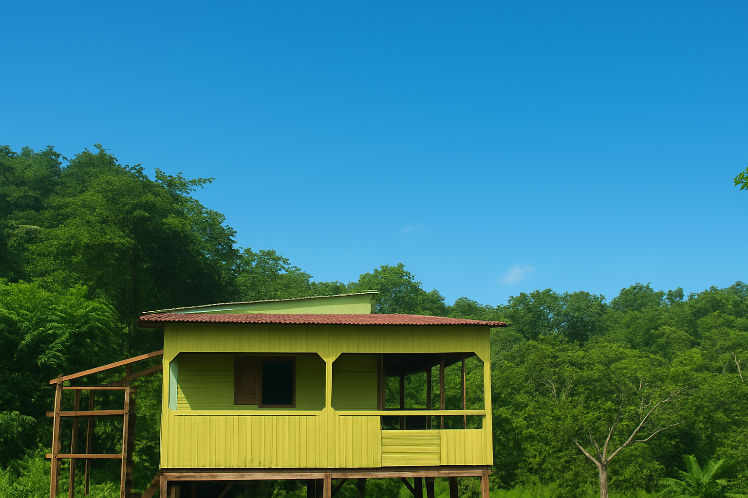 Petite maison en bois vert en hauteur, entourée de verdure et sous un ciel bleu clair.