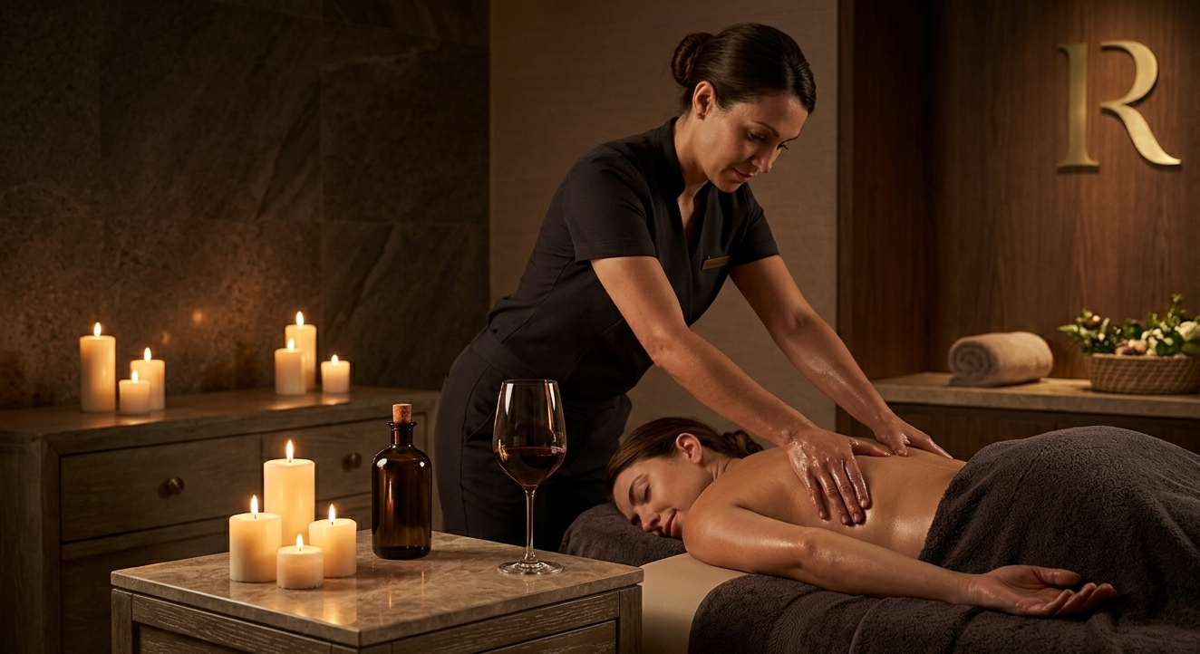 A woman receives a massage from a massage therapist in a relaxing spa room with lit candles, a glass of red wine, and a towel-covered massage table.