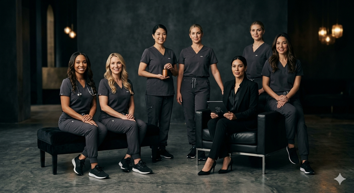 Group of seven women, some in scrubs and one in business attire, posing in a dark, modern interior with minimal lighting.