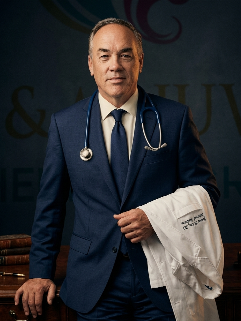 A doctor in a white coat and tie with a stethoscope around his neck.