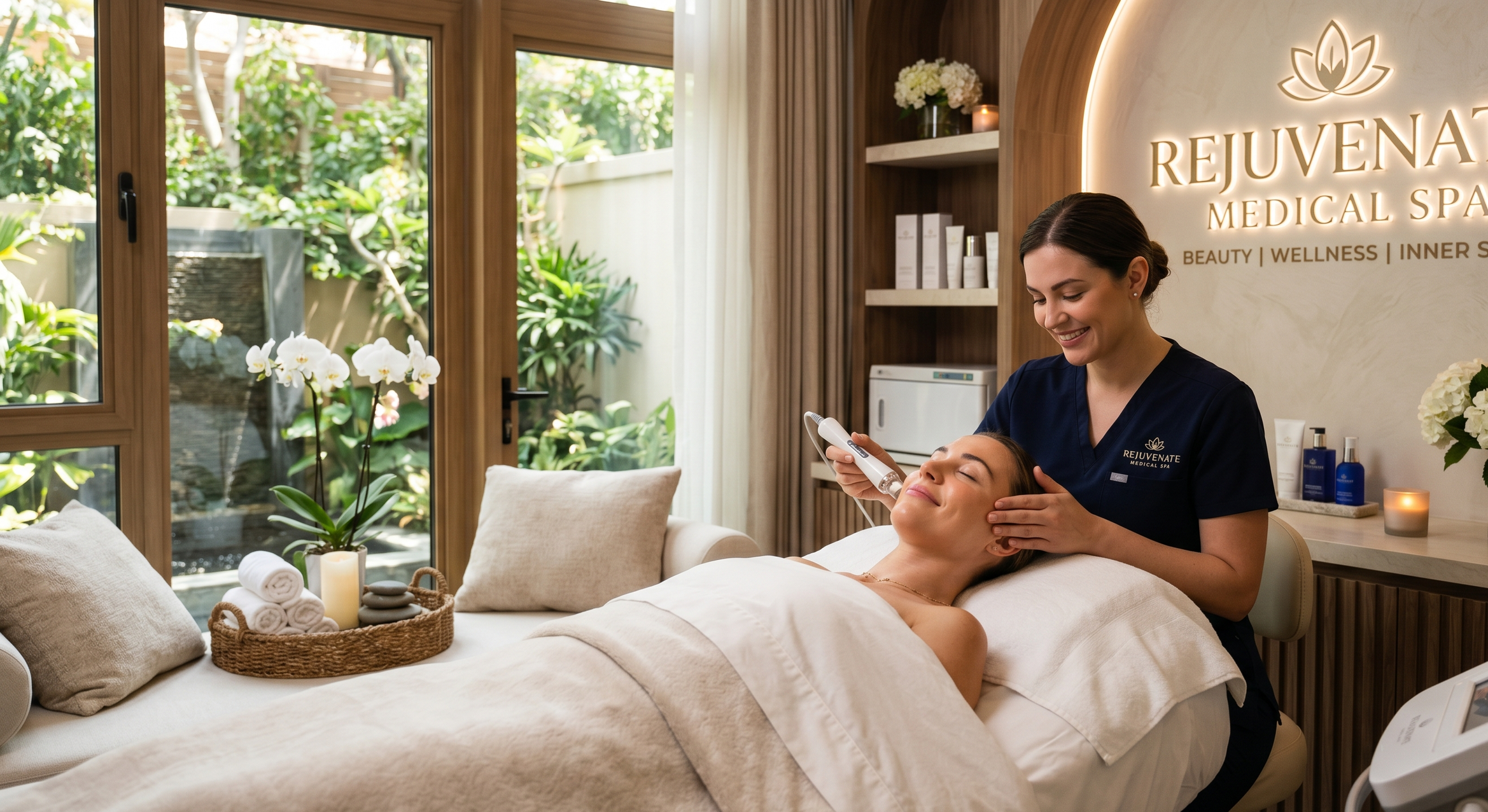 A woman receiving a facial treatment from an esthetician at Rejuvenate Medical Spa, with lush greenery visible through large windows in the background.